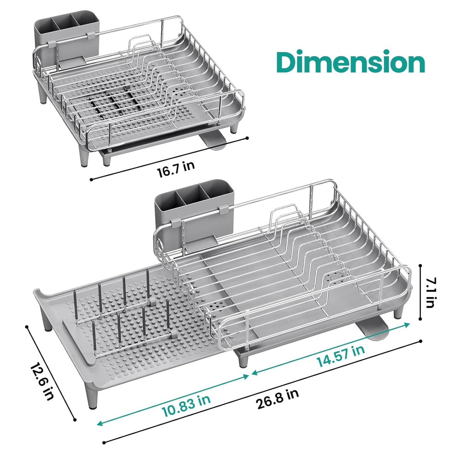 Expandable Dish Drying Rack, Foldable Dish Rack for Kitchen Counter, Stainless Steel Collapsible Dish Drainer Racks with Cutlery Holder, Gray