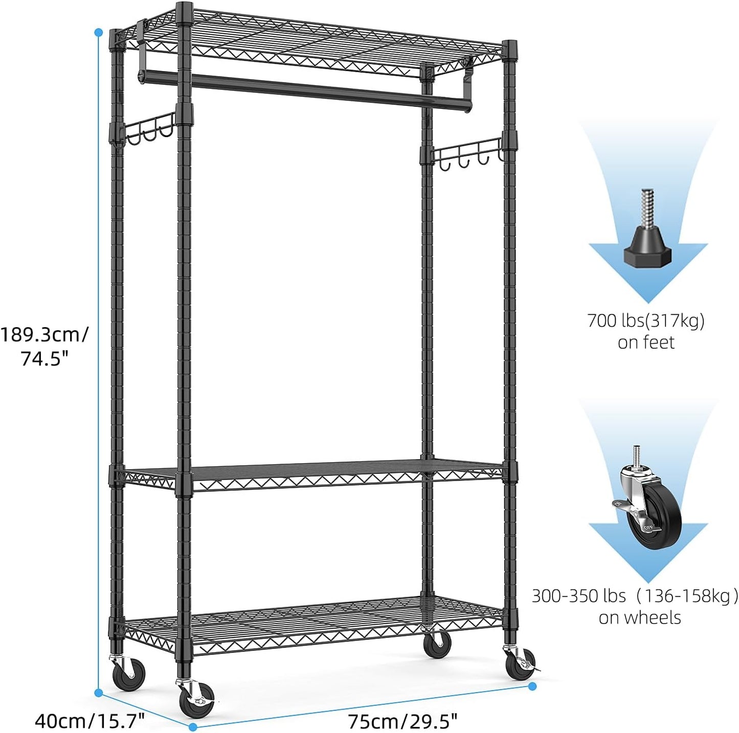 Heavy Duty Rolling Garment Rack 3 Tiers Adjustable Wire Shelving Clothes Rack with Rods and Side Hooks,Storage Closet Clothing Rack with Wheels Black 15.7" D x 29.5" W x 74.5" H
