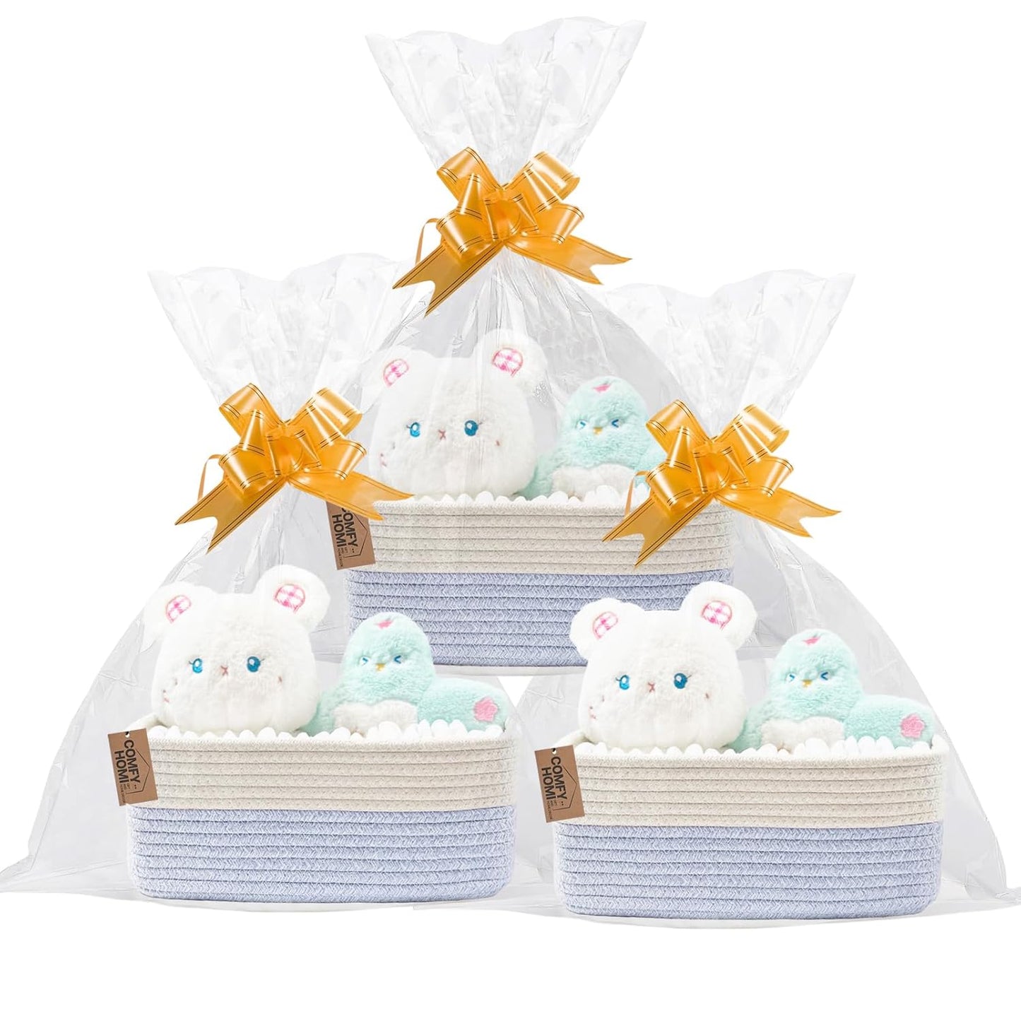 COMFY-HOMI 13" x 8.5" x 5.1" Storage Baskets for Organizing | Cotton Rope Woven Basket | Toy Storage Bin Box | Basket for Shelves, Closet Organizer Bin, Decorative Closet Shelf, 3 Pack, white/bule