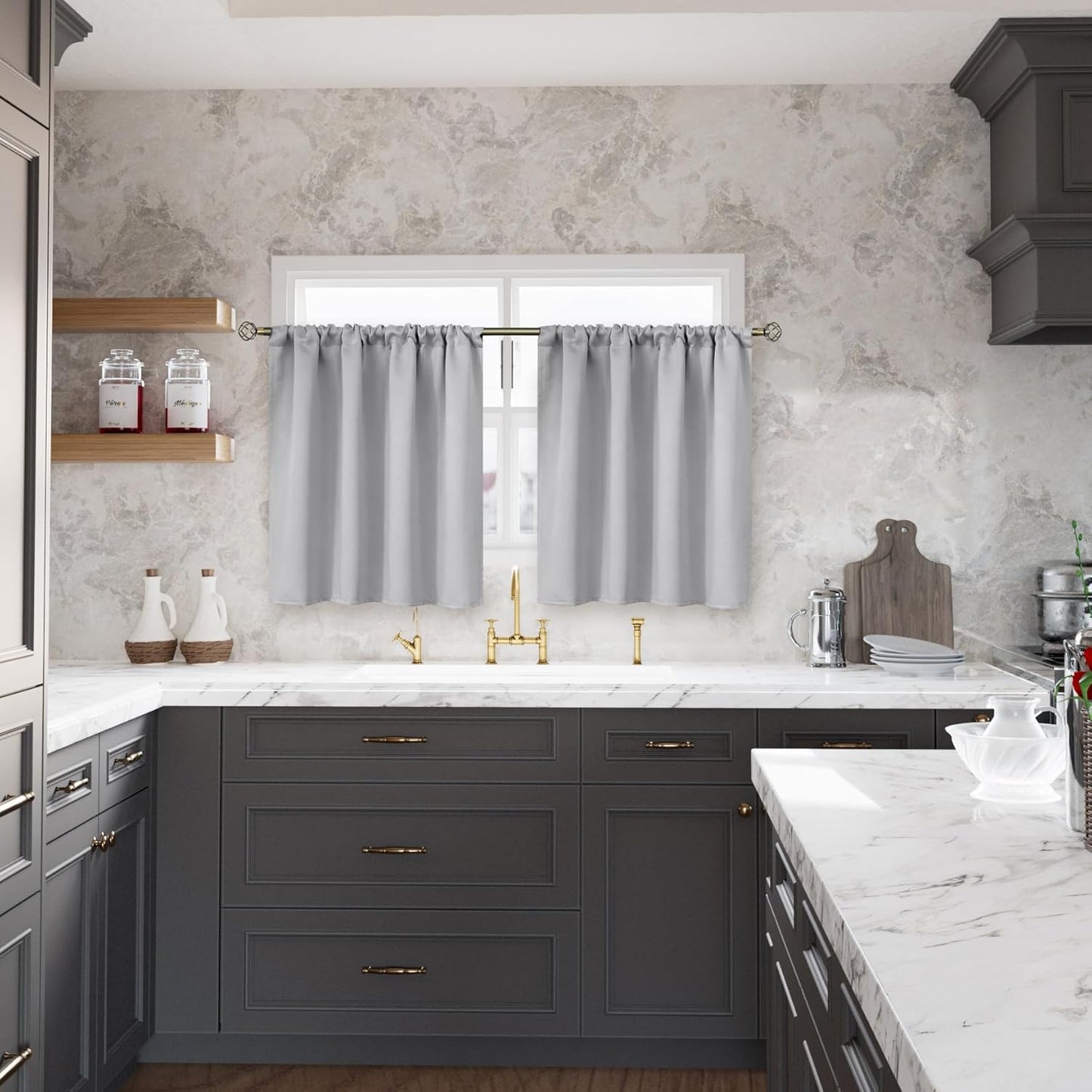 BGment Light Grey Short Curtains 30 Inches Length for Kitchen Bathroom - Rod Pocket Room Darkening Blackout Window Drapes for Basement Cafe Camper, 2 Panels, 42 x 30 Inch