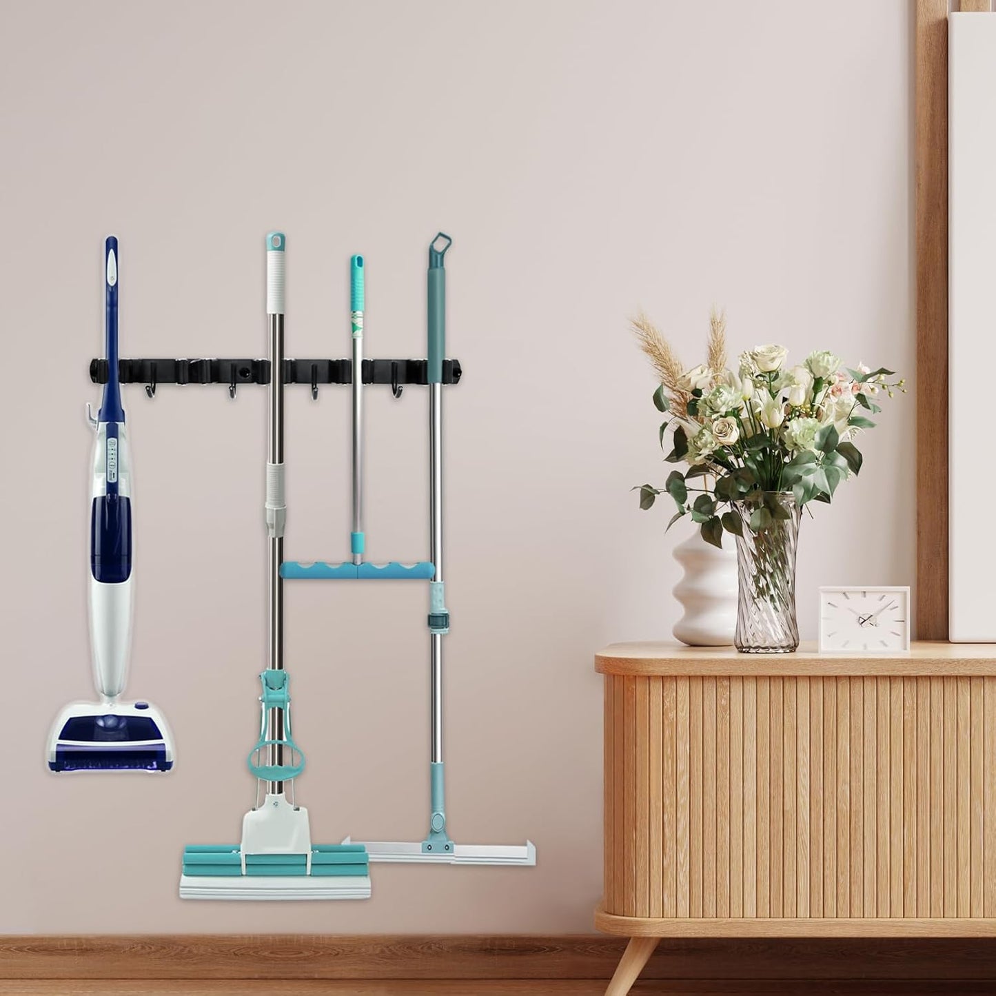 Broom and Mop Holder Wall Mount - 5 Slots and 4 Hooks Stainless Steel Mop and Garden Tool Storage Rack for Bathroom, Kitchen, Garage, Outdoor (2Pcs