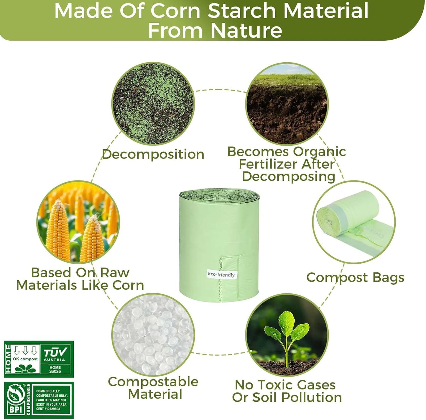 1.6 Gallon Compostable Trash Bags Drawstring, Heavy Duty Extra Thick 0.6 Mil, 6.06 Liter, 50 Bags, Small Kitchen Food Scrap Waste Bag, Unscented Pet Waste Bags, US BPI and OK Compost Home Certified