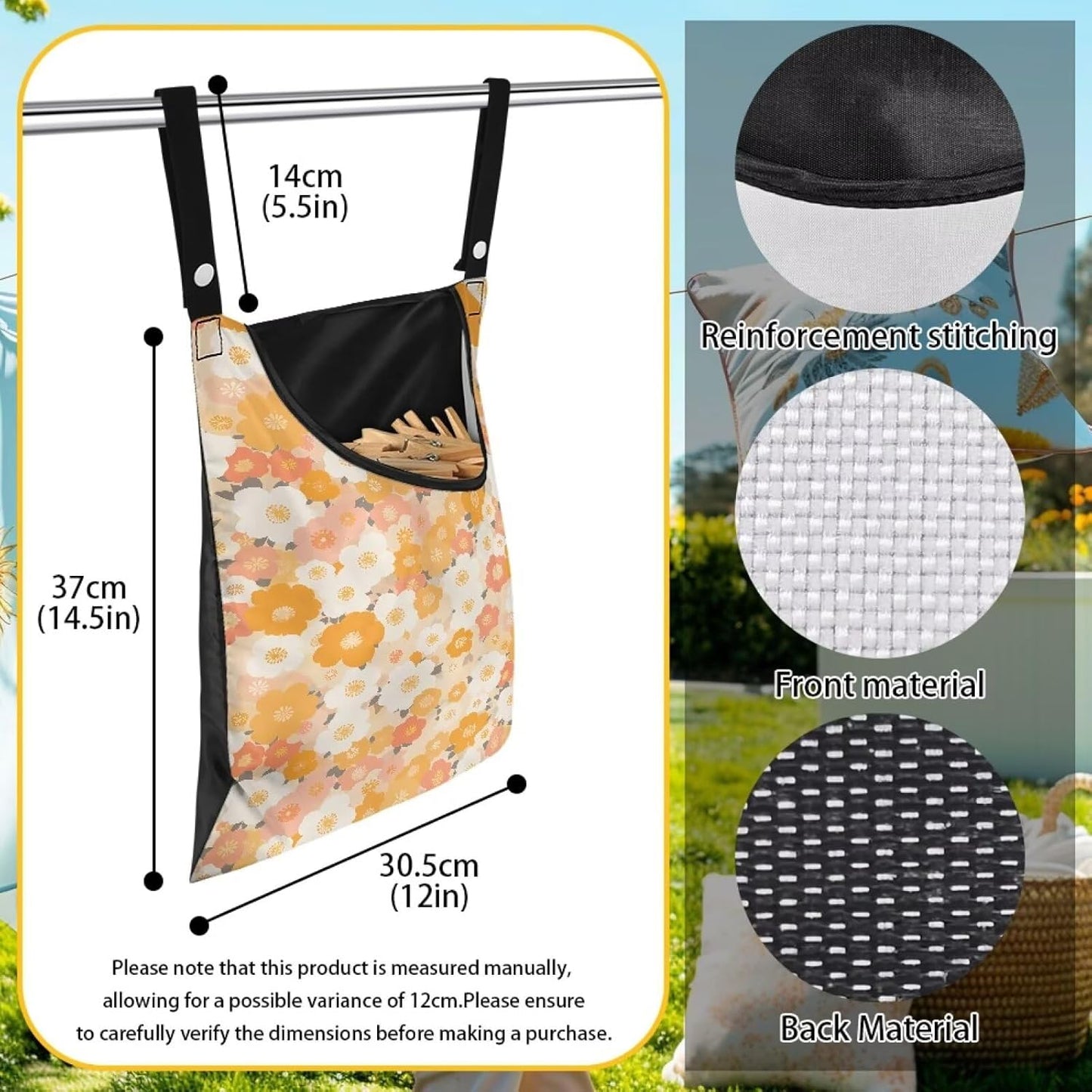 Clothes Pin Hanging Bag with Hanging Rope 14.5 X 12 Inch Clothespin Bag for Clothes Pins and Clothespins Heavy Duty Outdoor Use - Floral Yellow