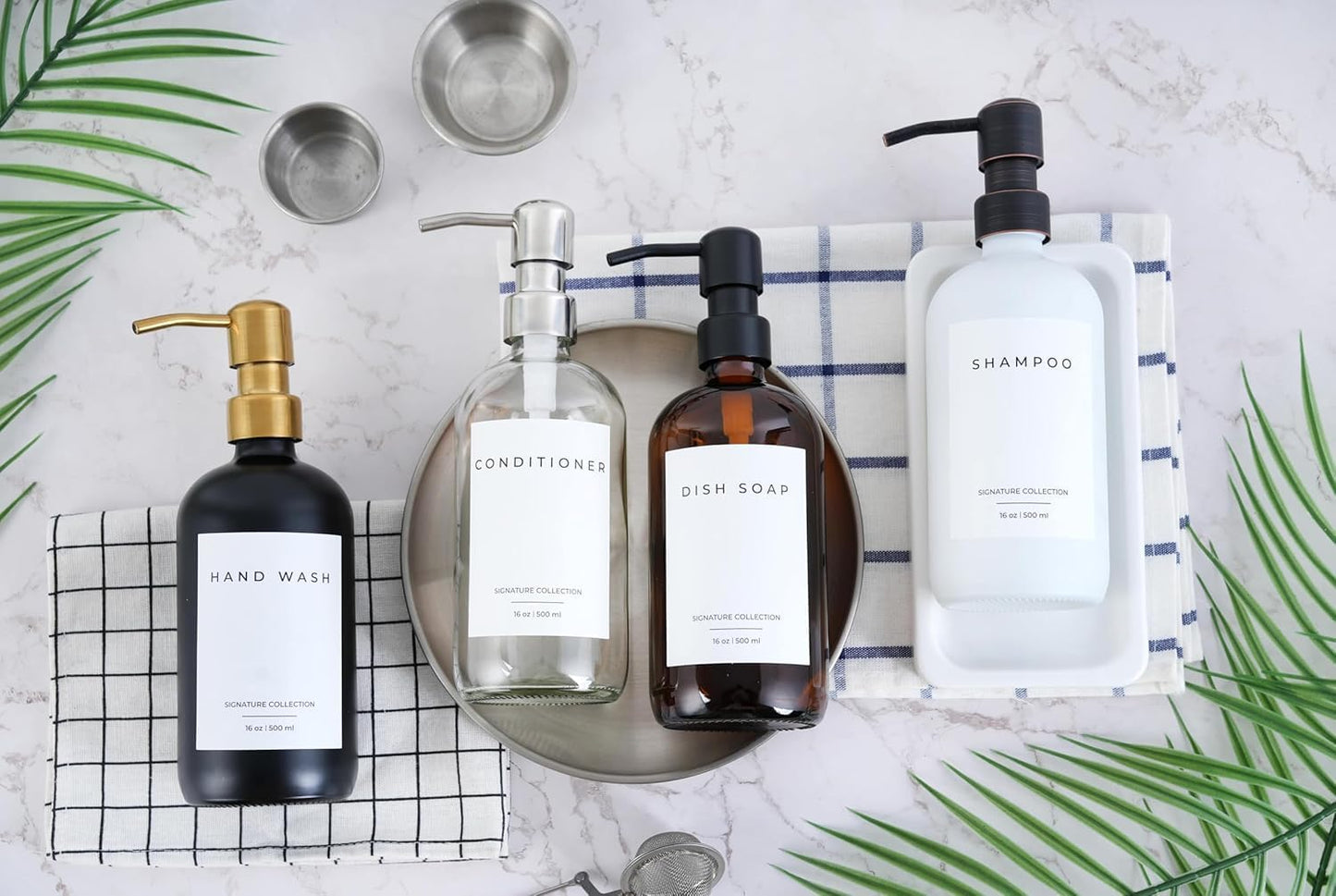 Emerson Essentials Glass Soap Bottle Dispensers, 2 Pack, Stainless-Steel Pumps Rust-Free, Hand Set for Bathroom Kitchen Sink, Liquid Lotion Shampoo Jars with 4 Waterproof Labels, 16 Oz Frost/Black