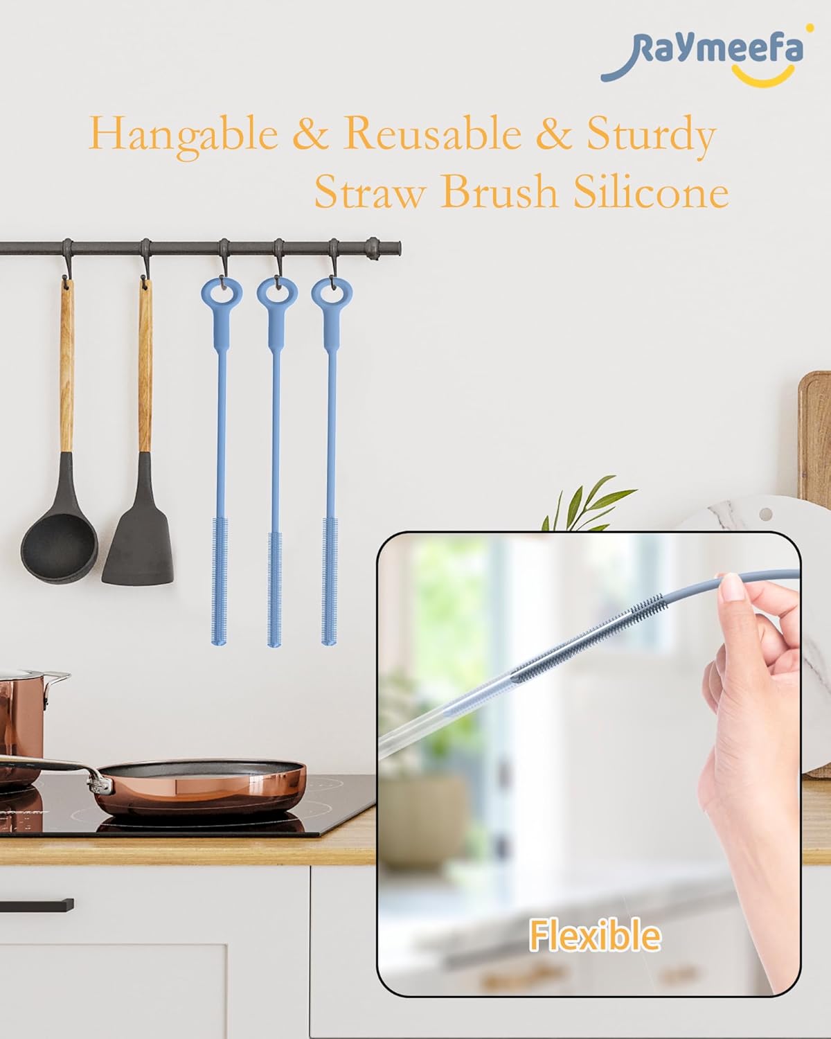 Extra Long Straw Cleaner Brush,Reusable and Soft Silicone Straw Cleaning Brush to Clean Crevice(Blue)