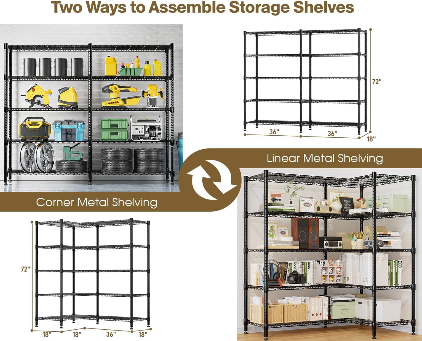 Himimi 72" W Wire Rack Shelving-2000LBS Capacity, Adjustable Storage Shelves Metal Shelves for Storage, 5-Tier Heavy Duty Wire Organizer for Kitchen, Garage, Pantry, 72" W x 18" D x 72" H, Black
