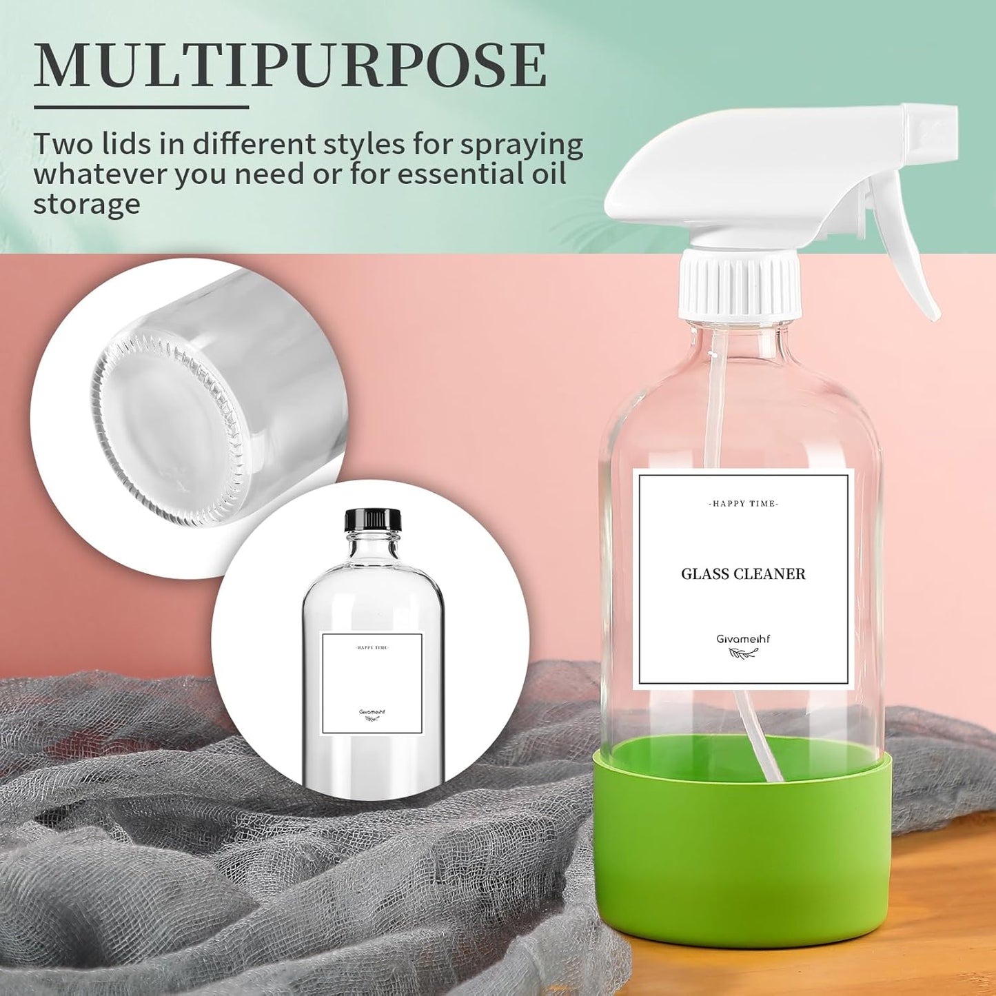 2 Pack Glass Spray Bottles with Silicone Sleeve,16oz Clear Glass Spray Bottles Refillable Empty Bottle with Adjustable Nozzle,Spray Bottle for Essential Oils,Cleaning Solutions,Pets,Hair