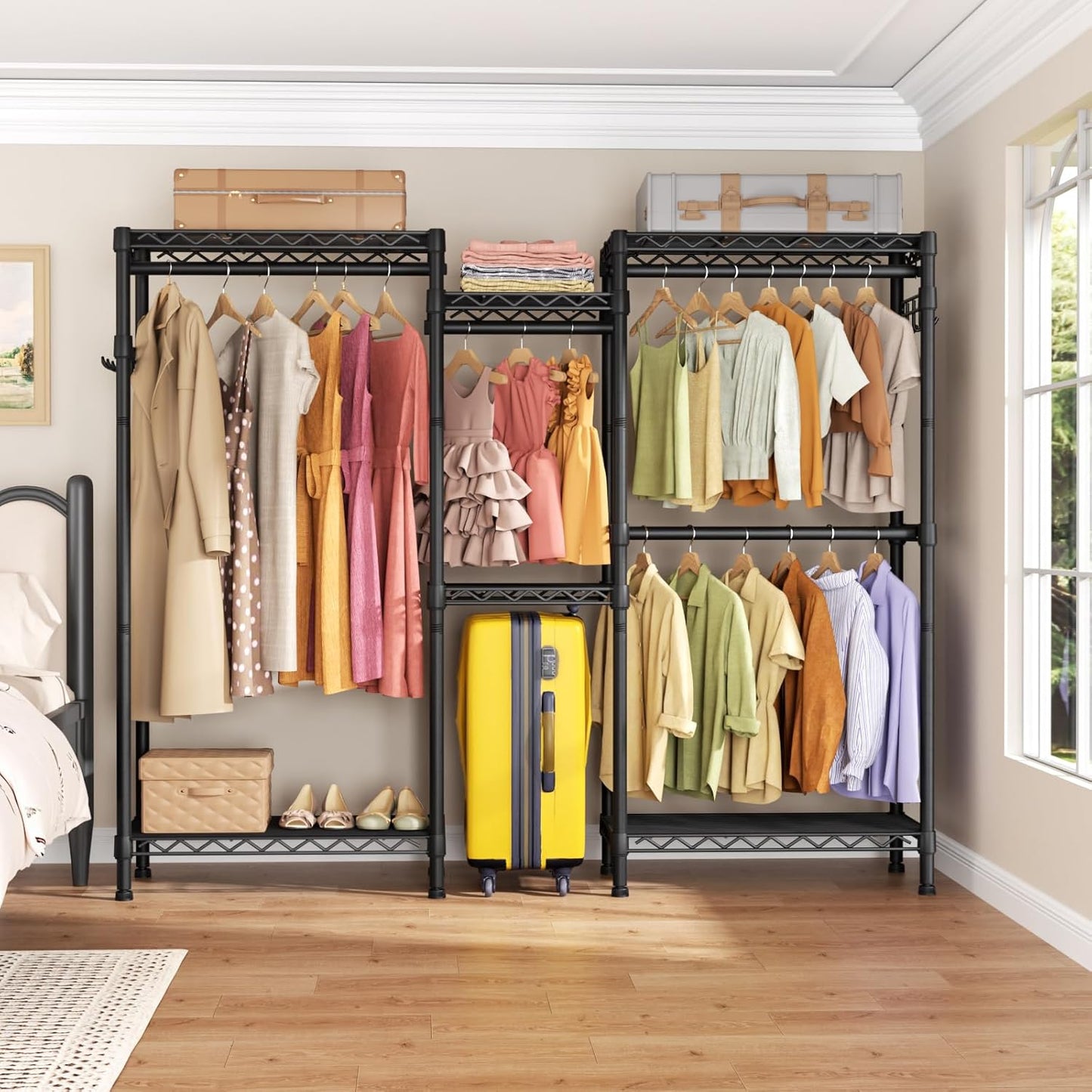 Heavy Duty Garment Rack Large Clothes Rack,Freestanding Closet Portable Clothing Rack with 7 Adjustable Wire Shelves&4 Hang Rods&2 Hooks,Metal Closet Storage Organizer Wardrobe System,MaxLoad 1000lbs