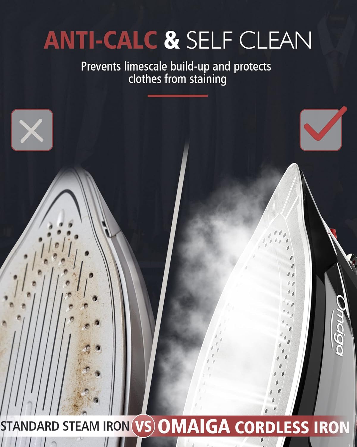 Cordless Iron for Clothes, 1500W Steam Iron Rapid Heating, Ceramic Soleplate, Auto Shut Off, Self-Clean, Anti-Calc, 3 Temperature Settings, 11.84oz Water Tank Ironing Clothes for Home, Black