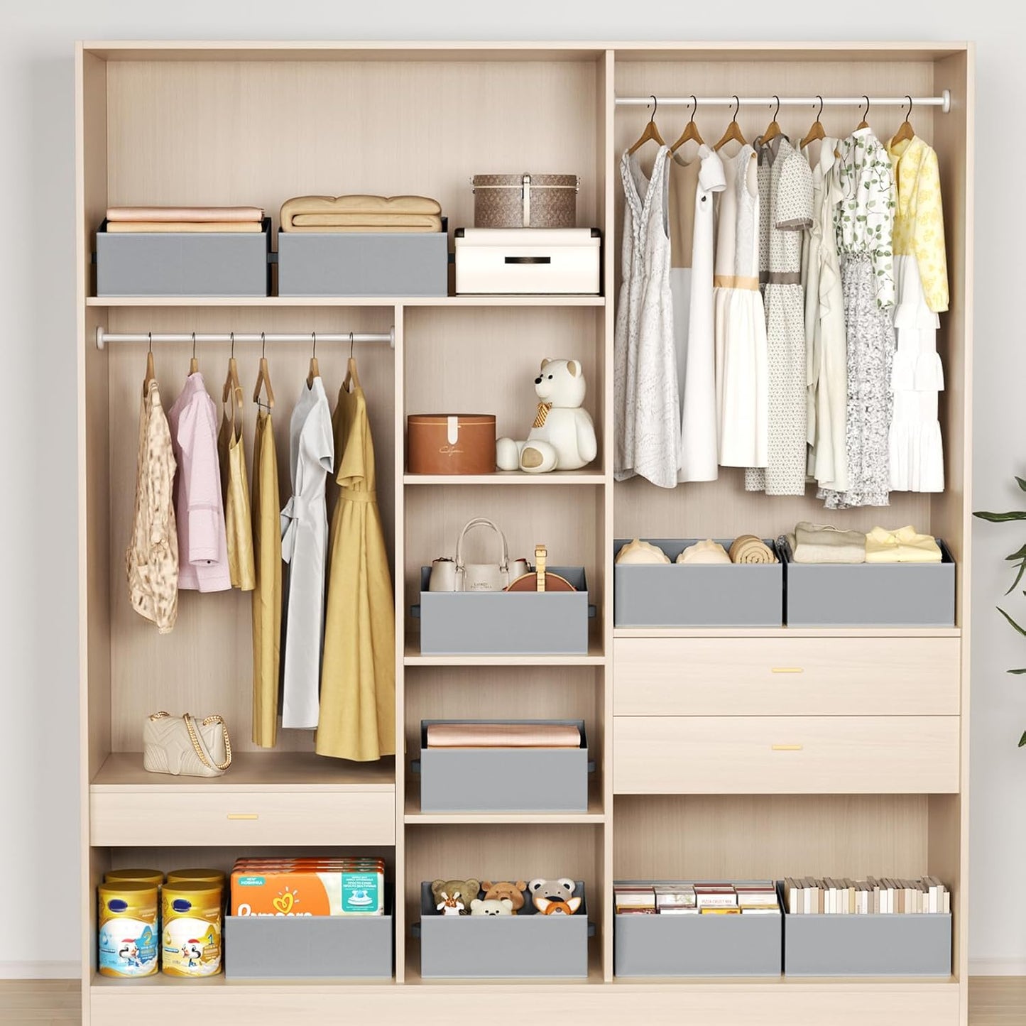 DIMJ Large Closet Storage Bins 8 Pack - Fabric Trapezoid Closet Organizer Bin, Foldable Storage Baskets for Shelves, Closet Shelf Organizer, Clothing Storage Box for Toys, Books, Towel, Clothes, Gray