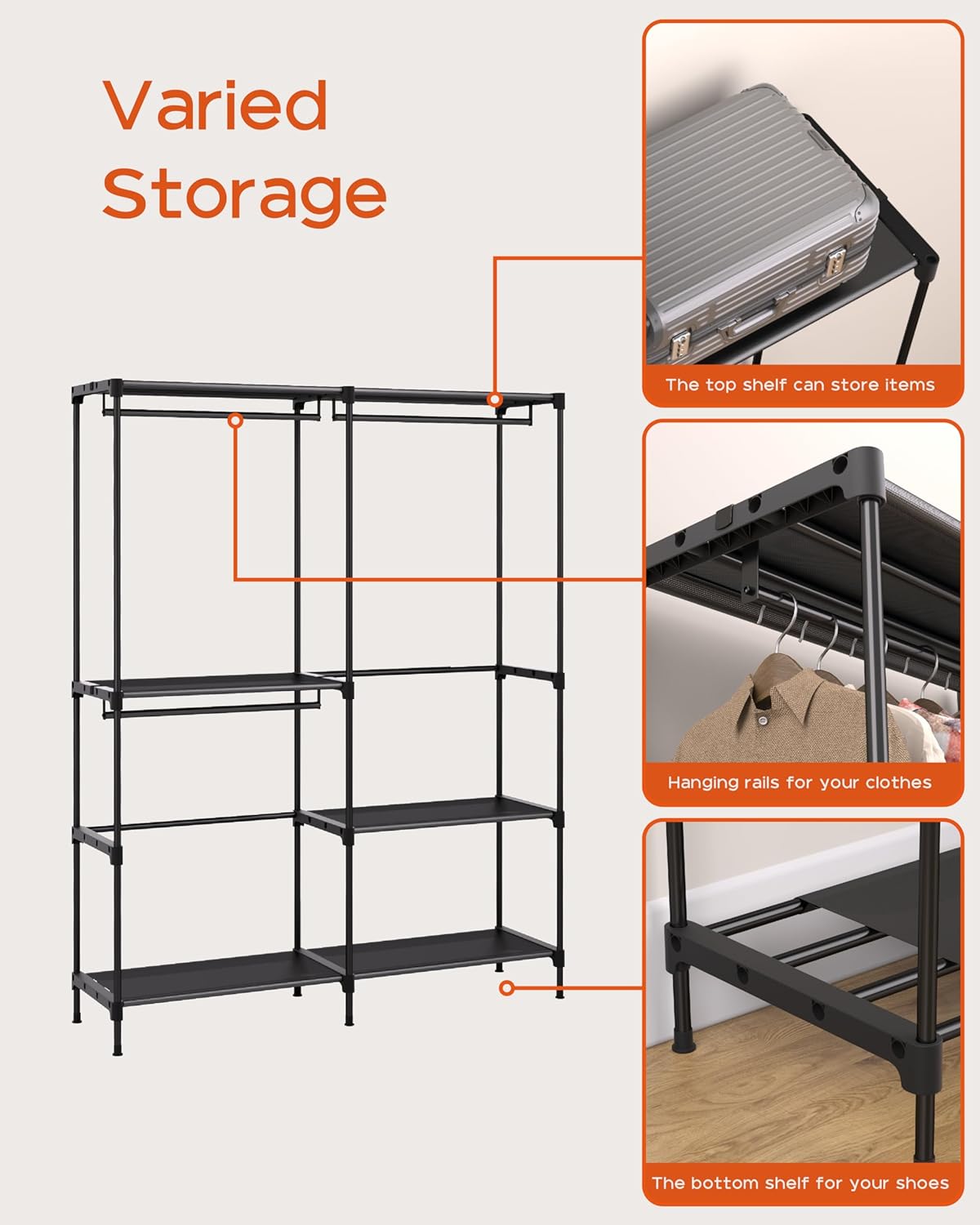 Clothes Rack, Portable Closet, 54.3 Inch Large Capacity Wardrobe Closet, Clothes Storage Organizer with Shelves and 3 Hanging Rods, Easy to Assembly, Black PCT022B01