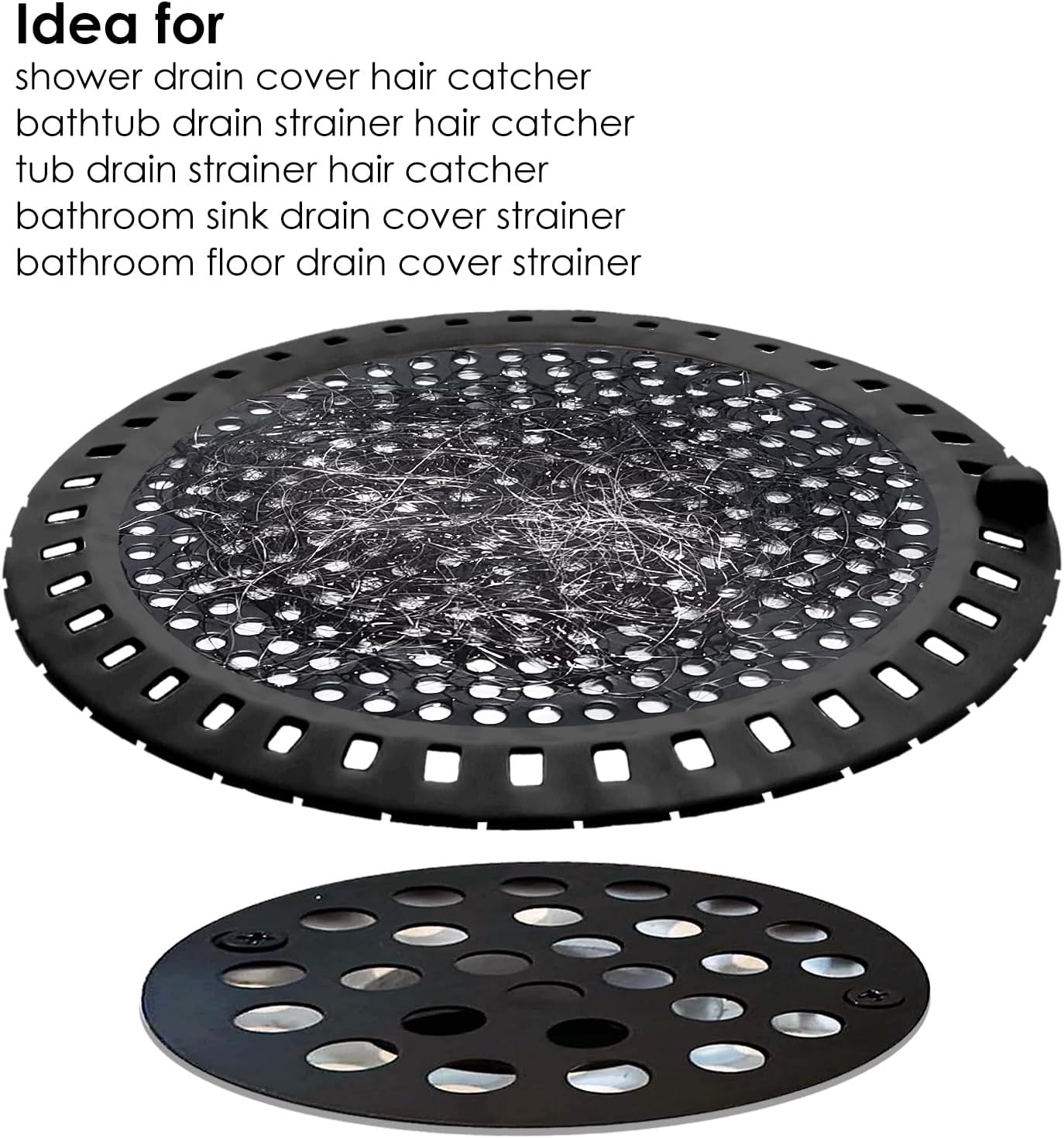 2PCS Shower Hair Drain Catcher/Strainer/Cover/Filter/Trap, Hair Stopper Floor Drain, Stainless Steel with Silicone Edge Drain Protector, Black, 4.75 Inch Diameter