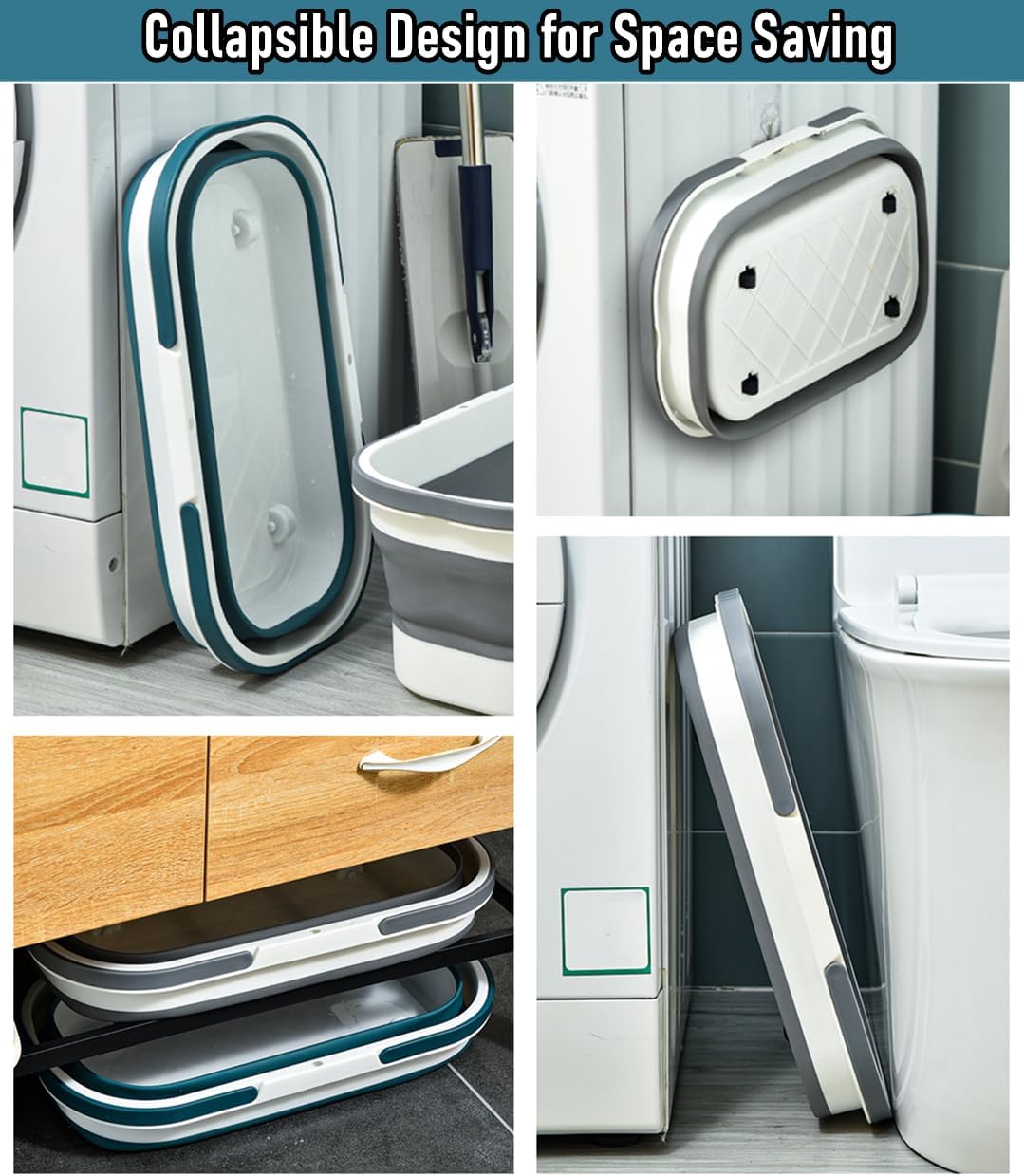 Collapsible Mop Wash Basin Bucket with Handle and Wheels, 12L (3.2 Gallon) Portable Plastic Basket Crate Tub for Storage Organization, Foldable Water Bin Container for Cleaning, Car Washing, Blue