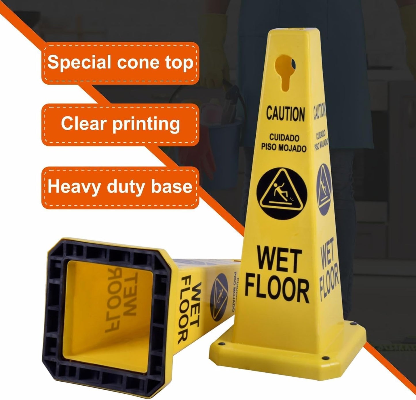 4-Pack 26.5" Caution Cones, 4-Sided Visible Safety Signs with Heavy Rubber Base, Warning for Slip & Fall Prevention, Indoor/Outdoor Use (Yellow, 4Pcs-Caution Wet Floor)