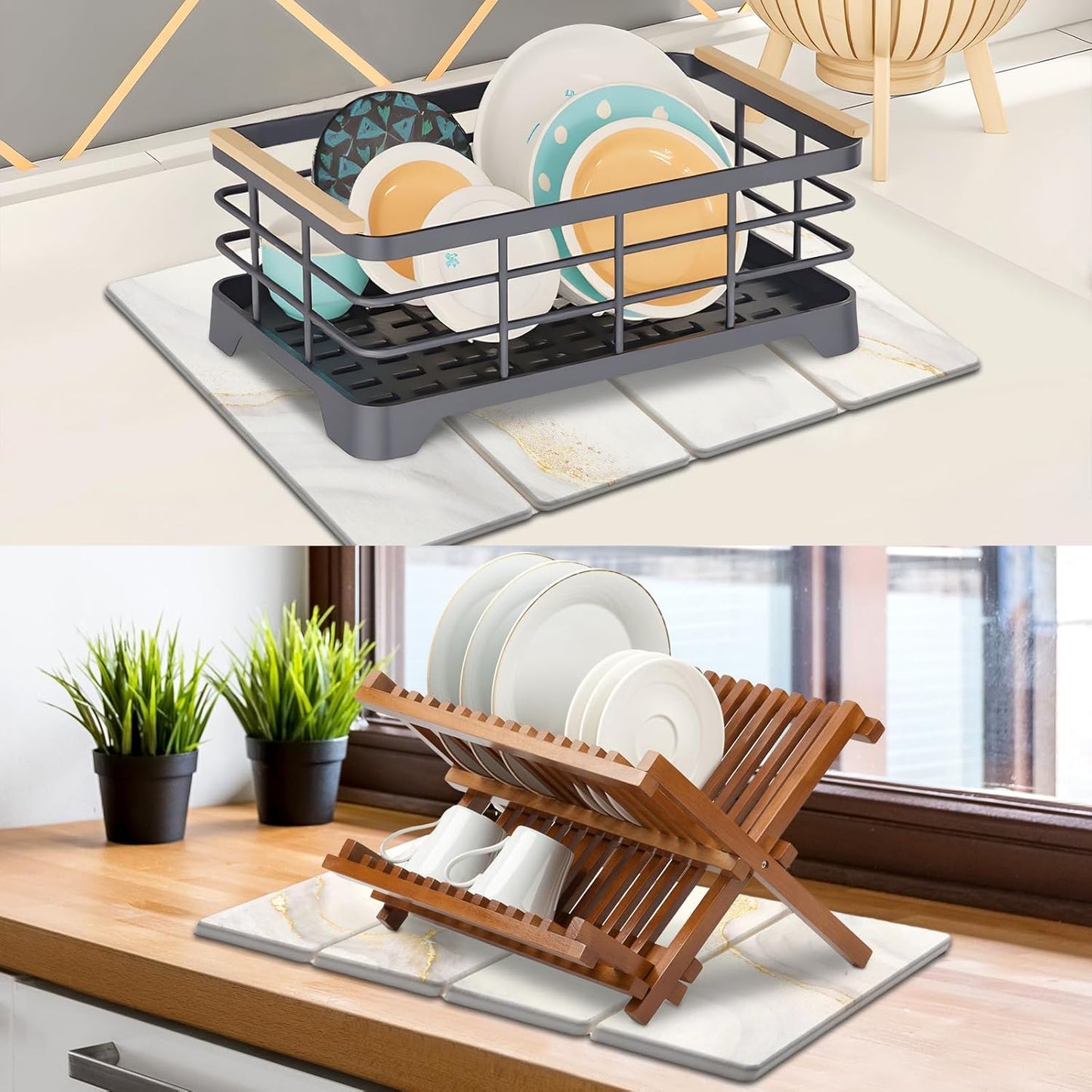 2 PCS Large Stone Dish Drying Mat for Kitchen Counter Quick Dry Stone Dishes Mats Marbled Water Absorbing Diatomaceous Earth Drying Pad for Countertop Bottles Utensils Cups (Gold White 24"x16"&8"x4")