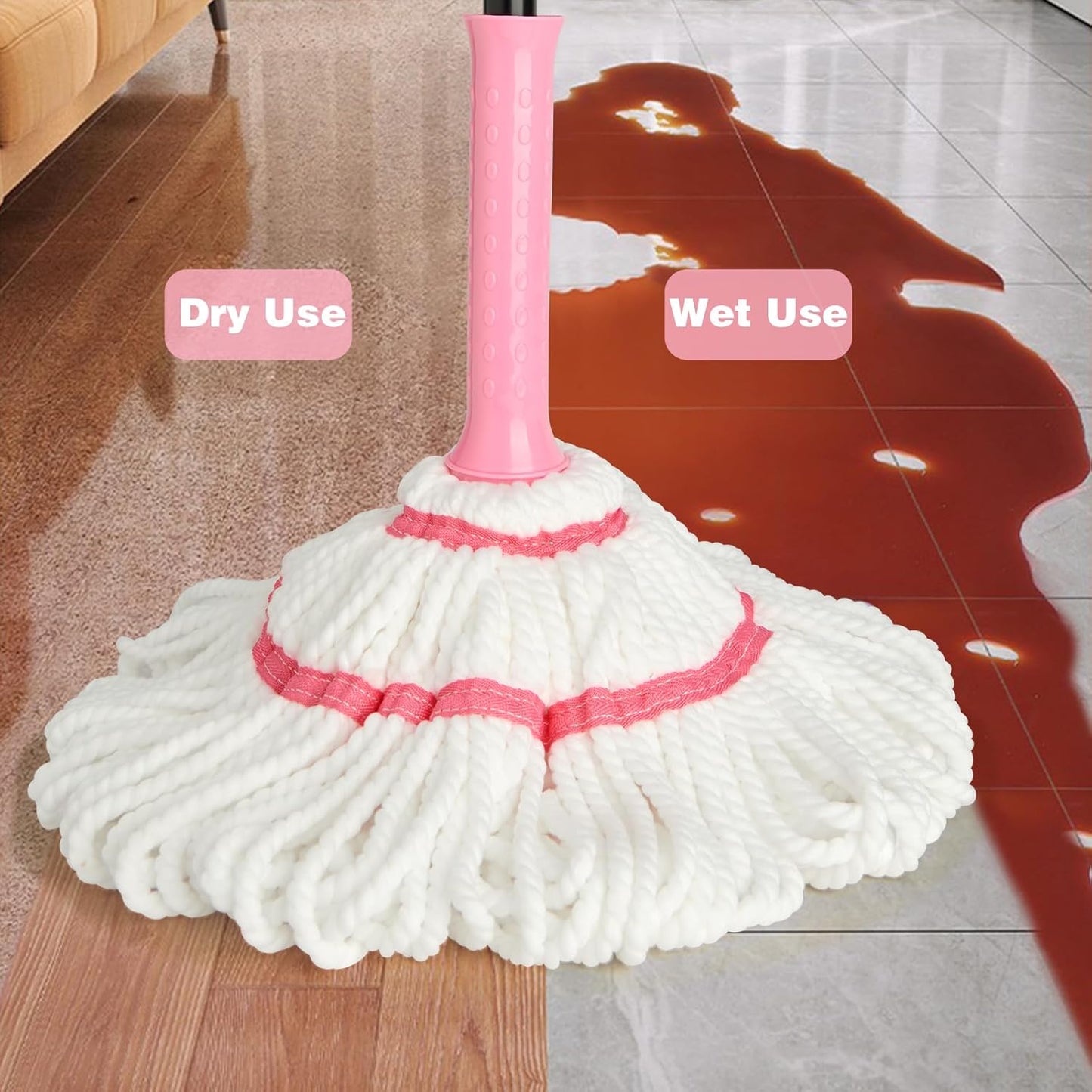 Self-Wringing Twist Mop for Floor Cleaning, 57” Long Handle Heavy Duty Microfiber Mop for Wet Mopping on Tile, Hardwood, Kitchen, Bathroom, Patio, Garage, Commercial Household Clean (Pink)
