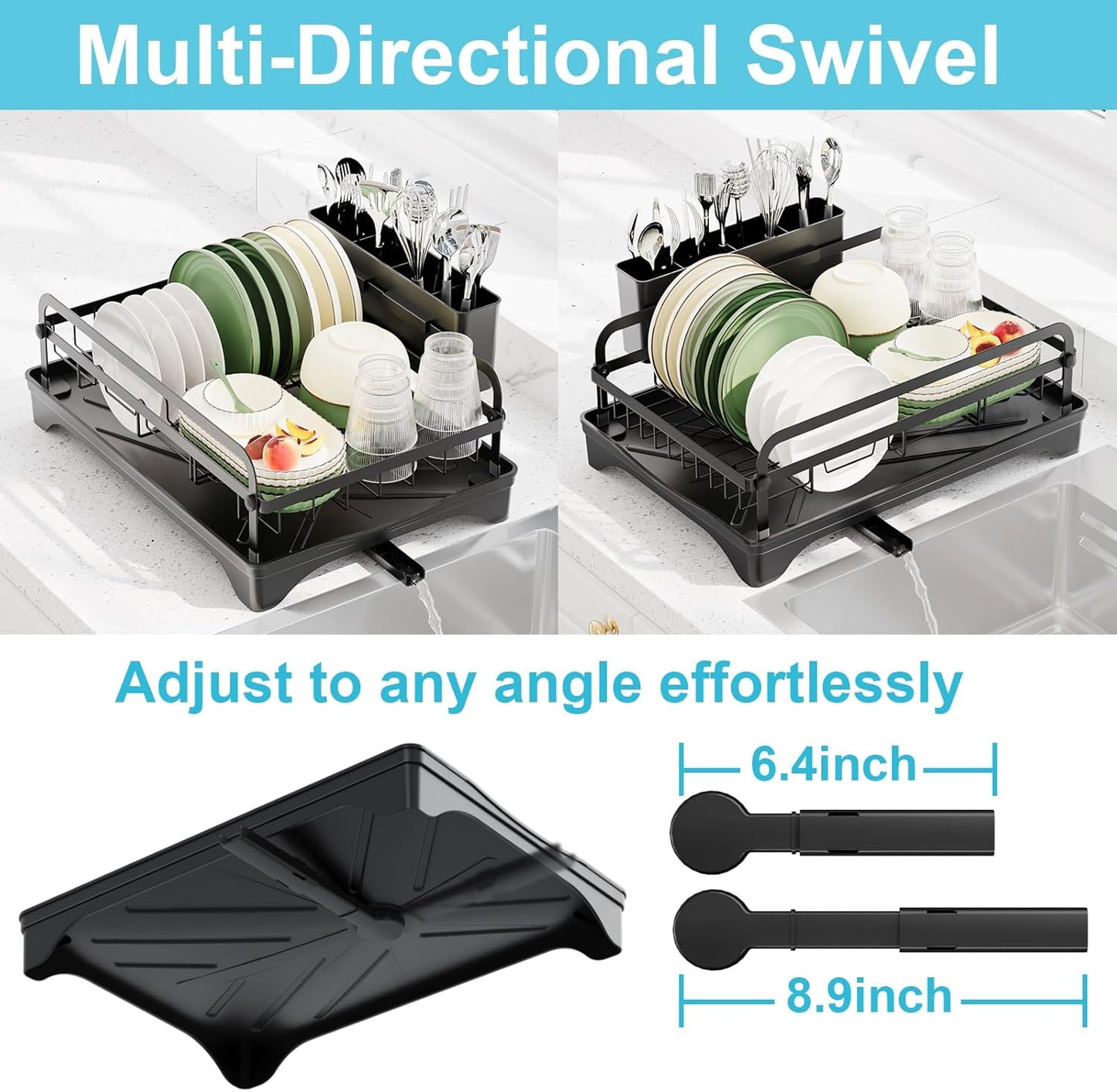 Dish Drying Rack for Kitchen Counter - Large Dish Rack with Drainboard, Rustproof Dish Drainer with Drainage Spout & Utensil Holder for Sink, Black