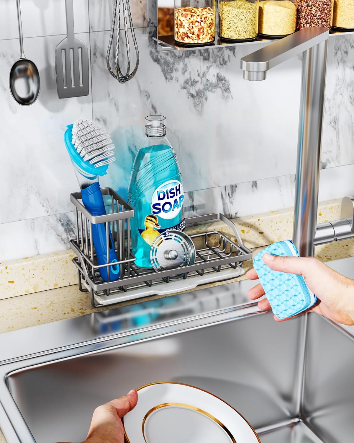 Consumest Sponge Holder for Kitchen Sink, Sink Caddy Organizer with Removable Drip Tray, Countertop Dish Soap Holder and Brush Holder, 304 Stainless Steel - Sand Nickel