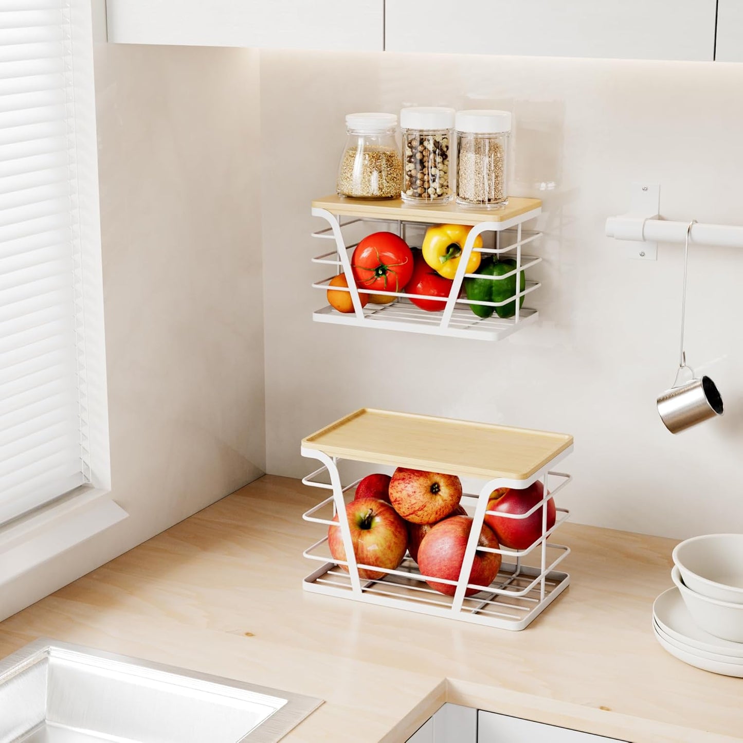 2 Pack Stackable Laundry Room Organization and Storage, Laundry Room Decor and Accessories, Trash Bag Holder with Bamboo Top and Garbage Bag Dispenser, White