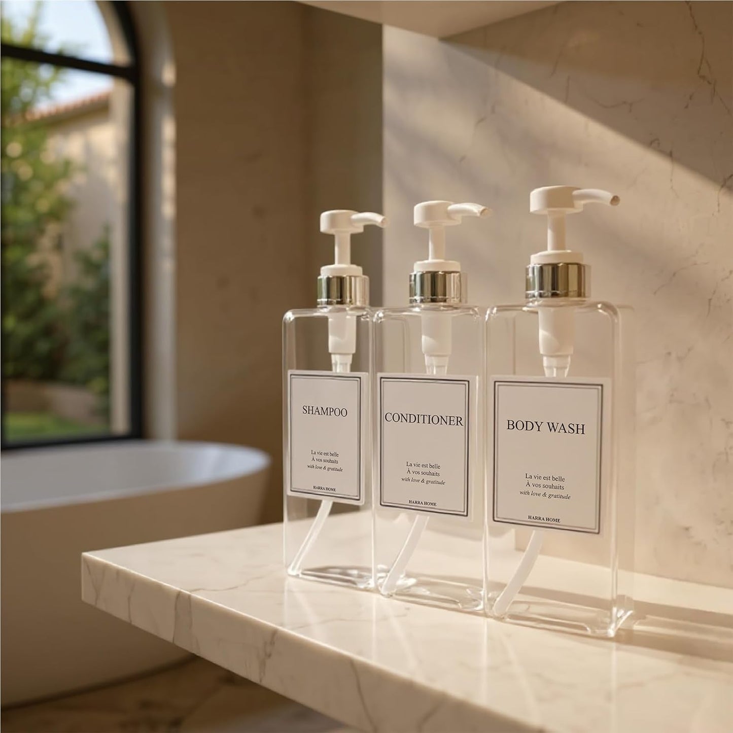 Modern Design Large 27 oz Shampoo and Conditioner Dispensers - Empty Plastic Refillable Pump Bottle Set for Bathroom Shower Soap Dispenser, Set of 3 (Clear & Silver)