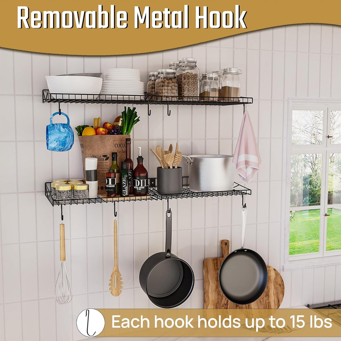 2 Pack Garage Wall Shelf, Garage Wall Mounted Shelving, Heavy Duty Floating Shelves With 4 Hooks, Loads 90 LBS Black Wall Shelves Mesh Storage Rack for Office, Basement, Wall Cabinet and Kitchen