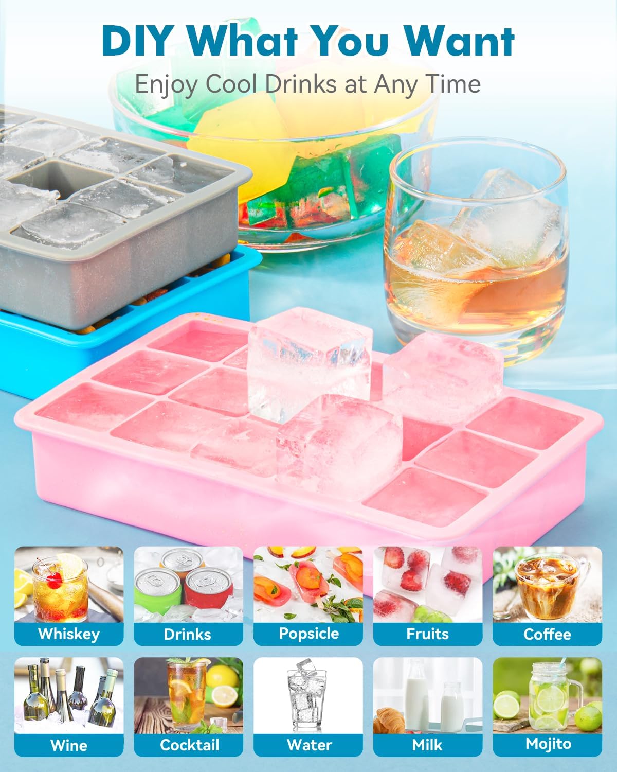 2 Pack Ice Cube Trays, ZDPMK Silicone Easy Release Flexible Molds 15 Ice Cubes Tray for Freezer,Cocktail,Whiskey,Reusable & BPA Free