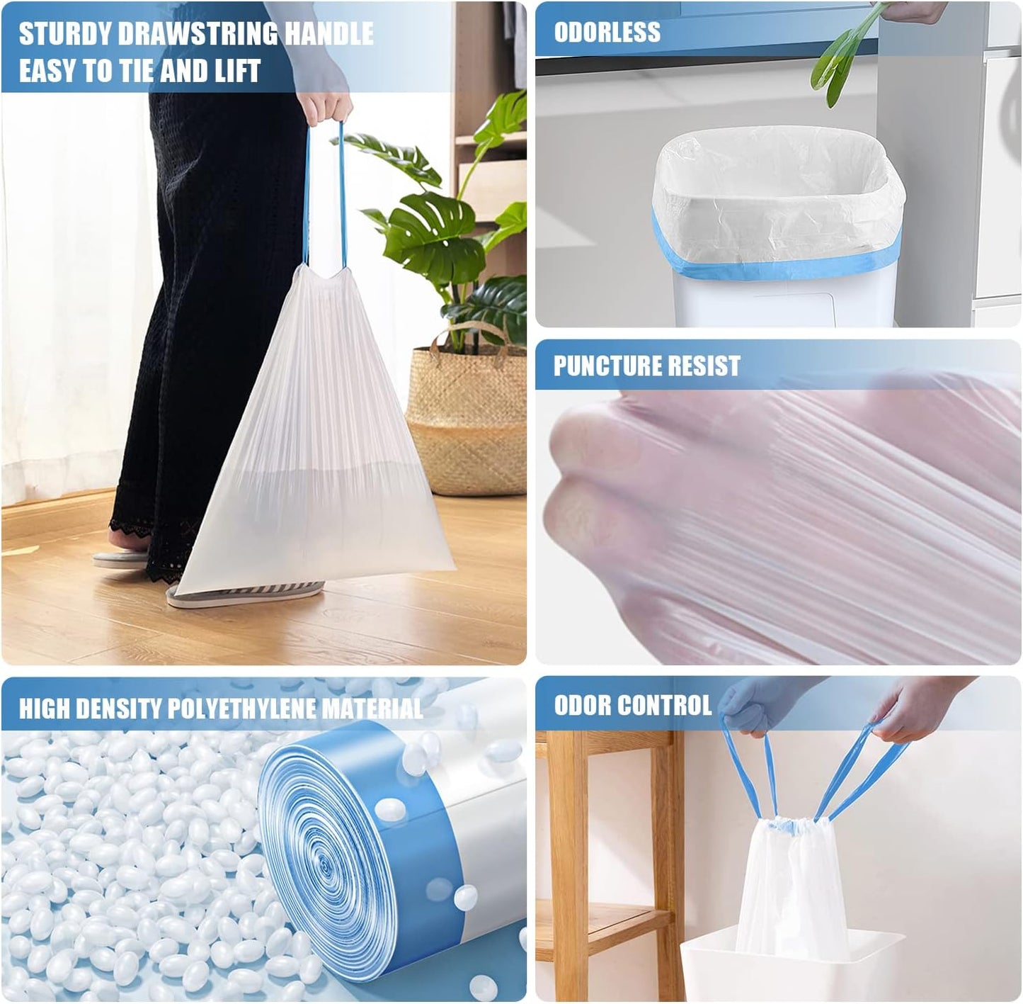 FORID Mini Drawstring Trash Bags - 2 Gallon Small Bathroom Garbage Bags White Plastic Trash Can Liners Disposable Unscented Wastebasket Bags 60 Count for Office bedroom Home 7.5 Liter