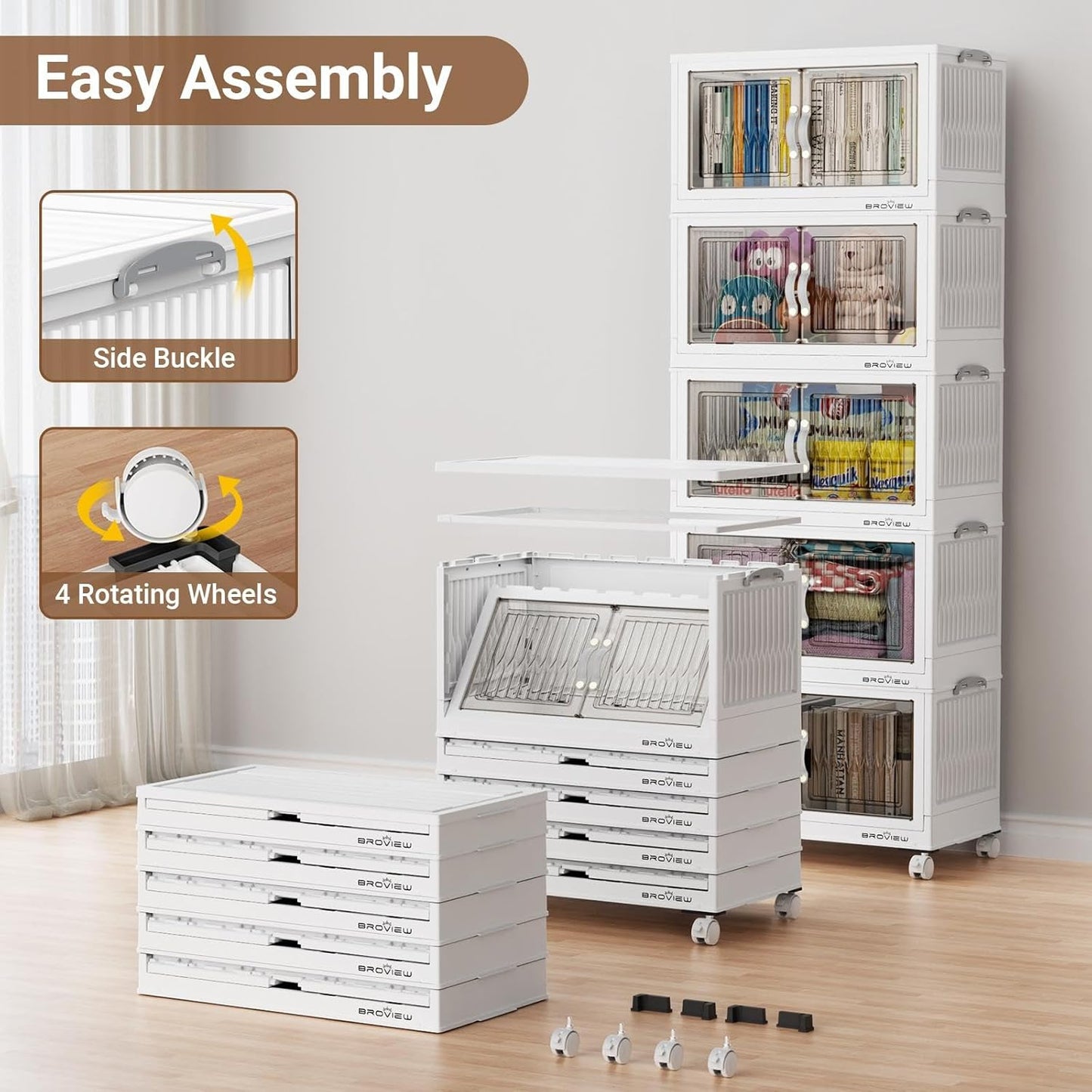 BROVIEW 240Qt Stackable Storage Bins with Lid, Extra Large Closet Organizer Collapsible Drawer Boxes with Wheels, Folding Plastic Cabinet Containers for Home Kitchen Room Organization, 4Pack White