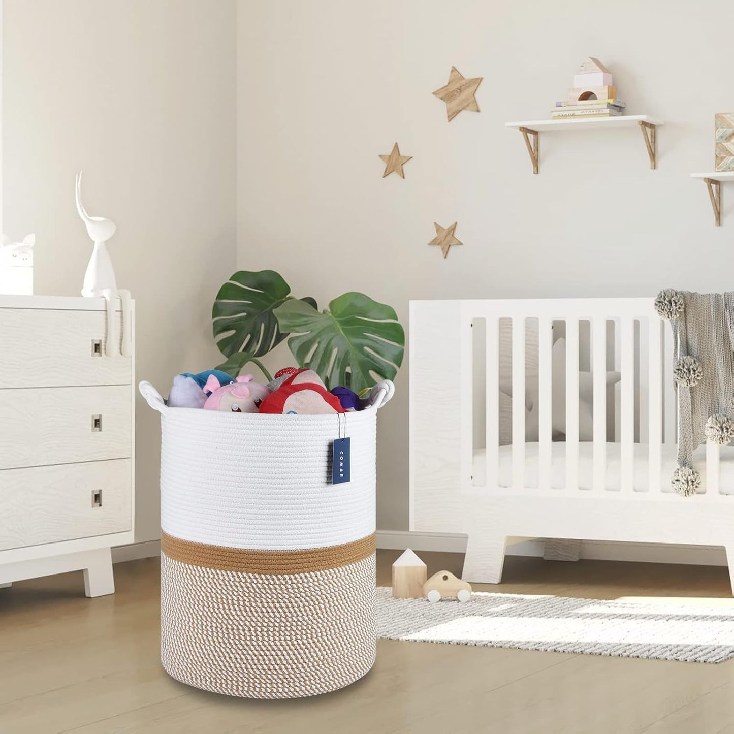 COMSE Extra Large Blanket Basket, Tall Woven Storage Basket, Nursery Hamper, 15.7”x 21.7”, Cotton Rope Laundry Hamper for Toys Clothes Towels, Blend White/Camel