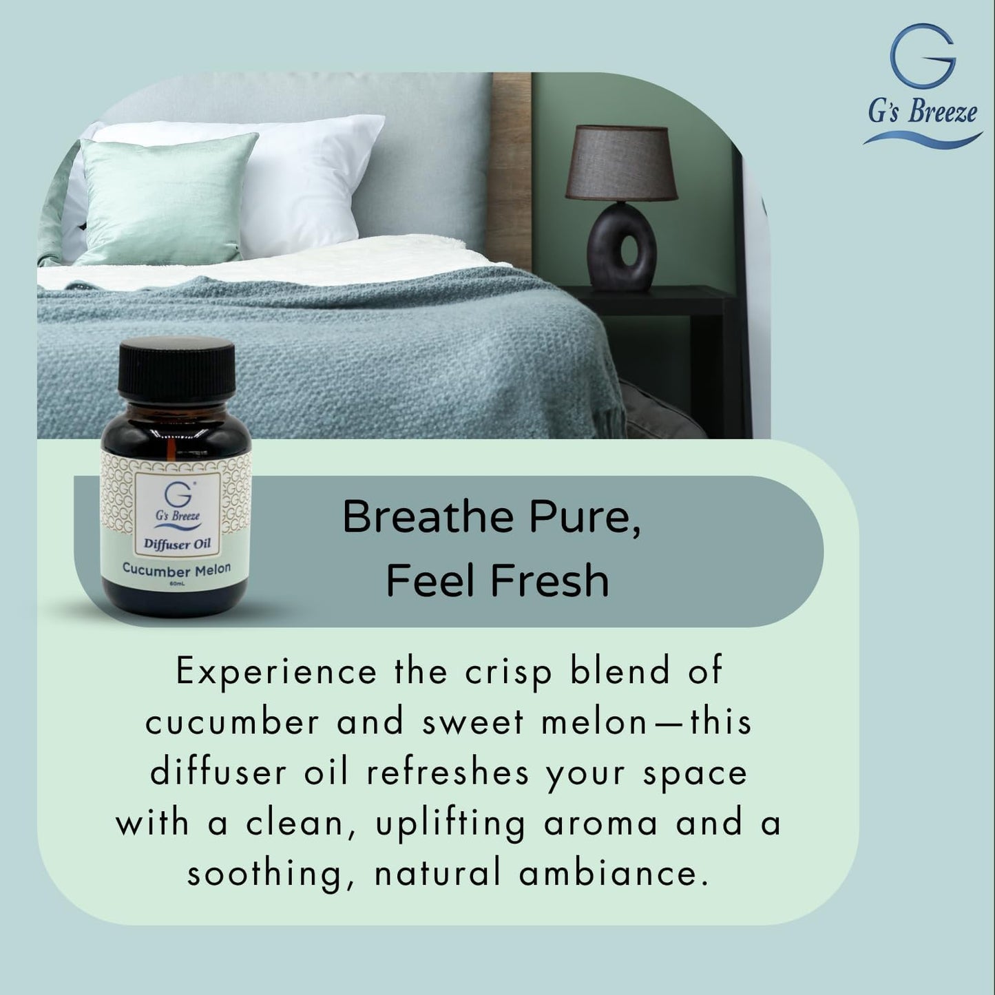 G's Breeze Cucumber Melon Diffuser Oil Refill - Refreshing, Sweet & Juicy Aroma, 48 Hour Long-Lasting Scent, Odor Eliminating Fragrance for Home & Office - 60 ML