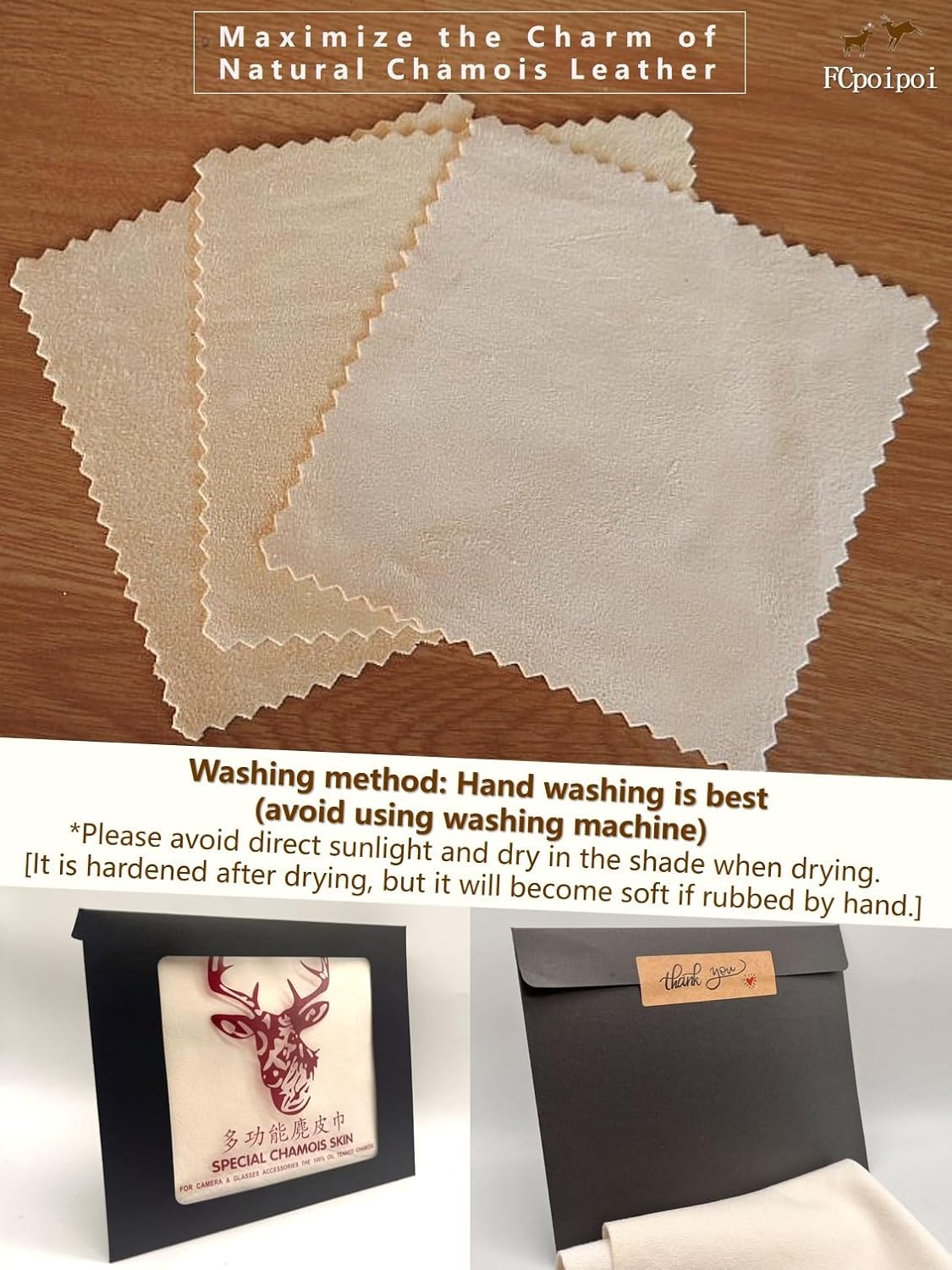 Eyeglass Cleaning Cloth Natural Chamois Leather Camera Lens Cleaning Cloths,Premium Cloth,Safe and Effective Cleans Lenses, Glasses, Screens, Cameras- Scratch-Free, Reusable & Soft (Large-12”x12”)