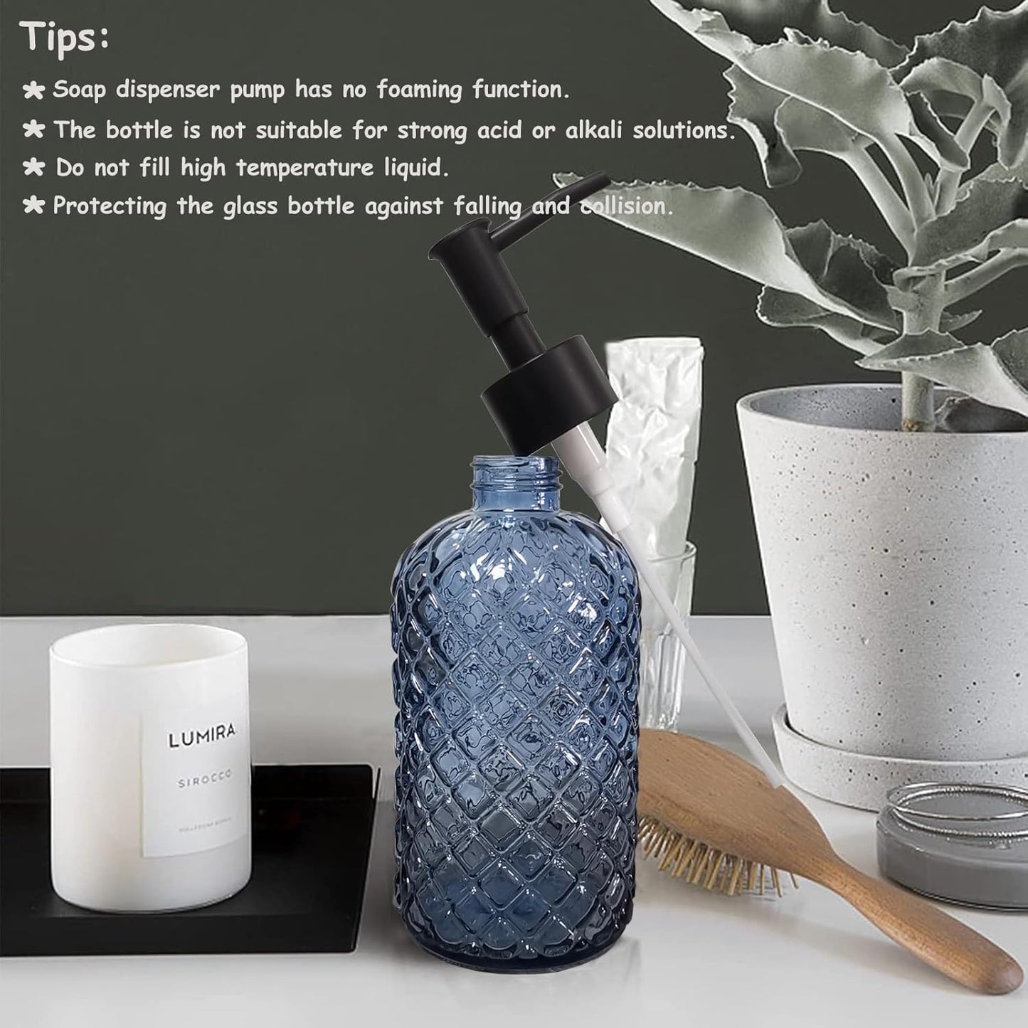 Blue Glass Dish Soap Dispenser for Kitchen, 12oz Refillable Liquid Hand Soap Dispenser Set, Crystal Lotion Bottle for Modern Home Decor, Bathroom Countertop, Hotel