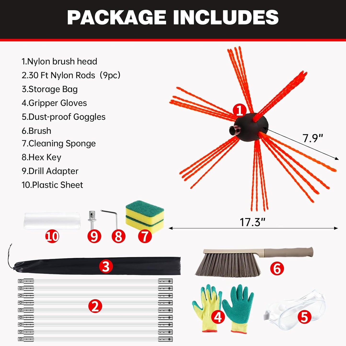 30 Feet Chimney Sweep Kit, Chrome Button Locking System, Chimney Cleaning Kit, Chimney Brush, Chimney Cleaning Tool, Chimney Cleaning System with 9 Flexible Chimney Rods