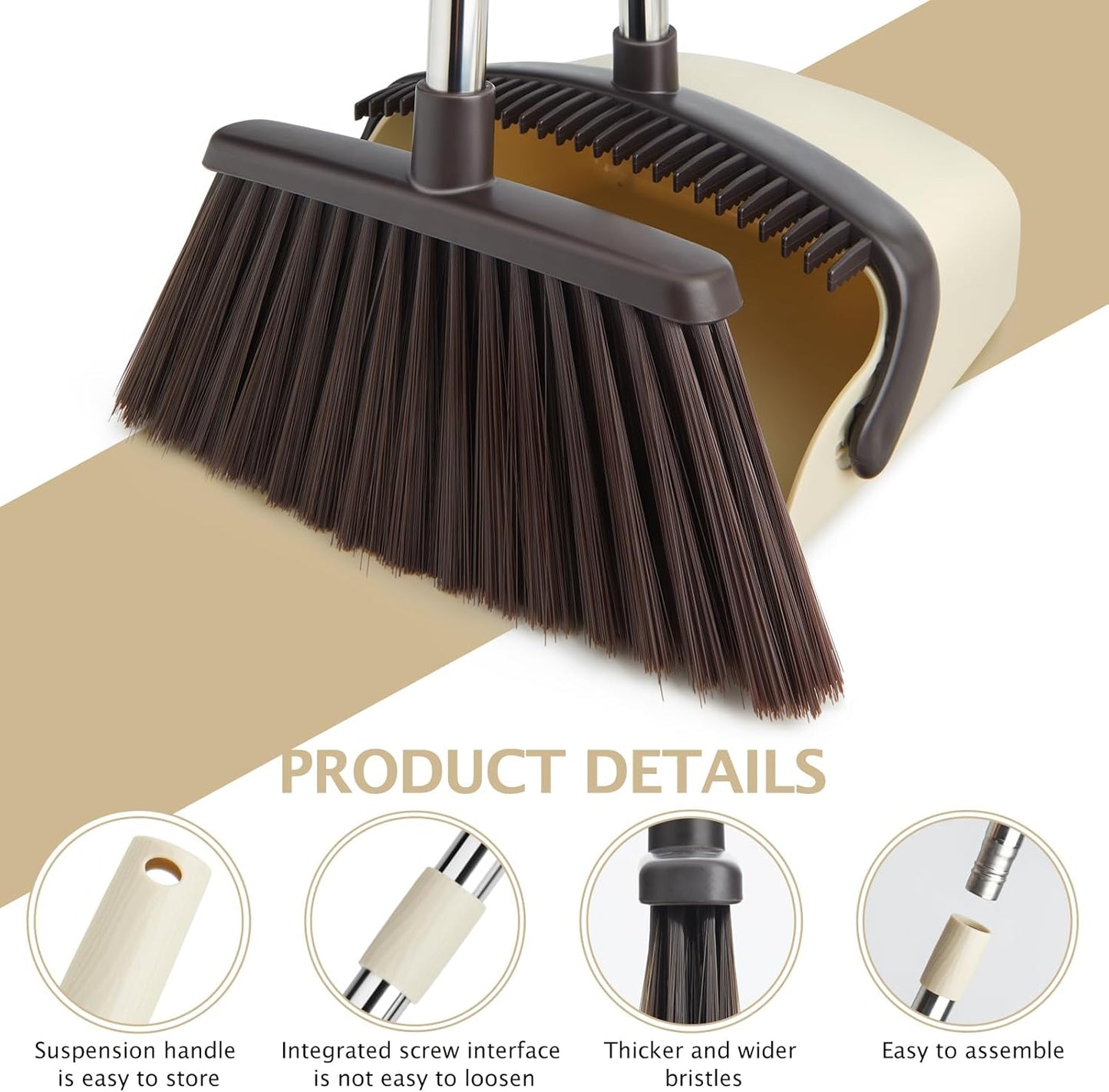 Broom and Dustpan Set with Long Handle, Heavy Dust Broom and Dustpan Combo for Home,Kitchen, Office, Pet Hair(Beige)