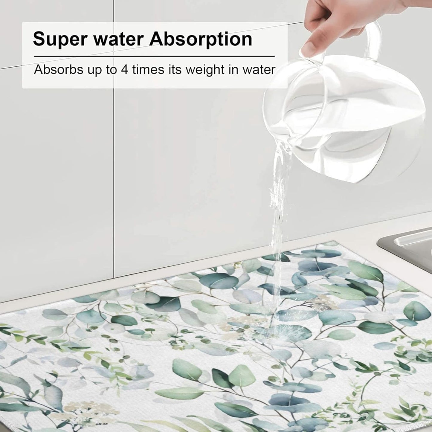 Green Floral Leaf Dish Drying Mat For Kitchen Counter 18 X 24 Inch Absorbent Dish Mat Reversible Drainer Drying Kitchen Mat