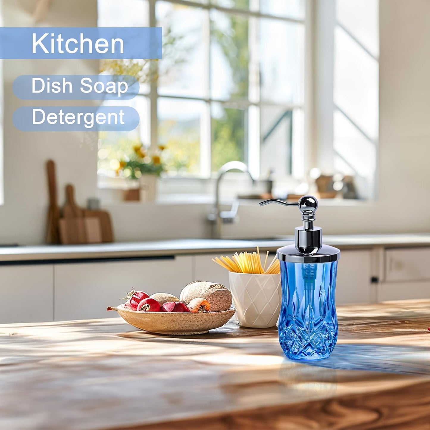 9Oz Diamond Grid Pattern Blue Glass Soap Dispenser with Rust Proof Stainless Steel Pump,Refillable Liquid Soap Dispenser for Bathroom & Kitchen Dish Soap, Hand soap, Lotion(Round)