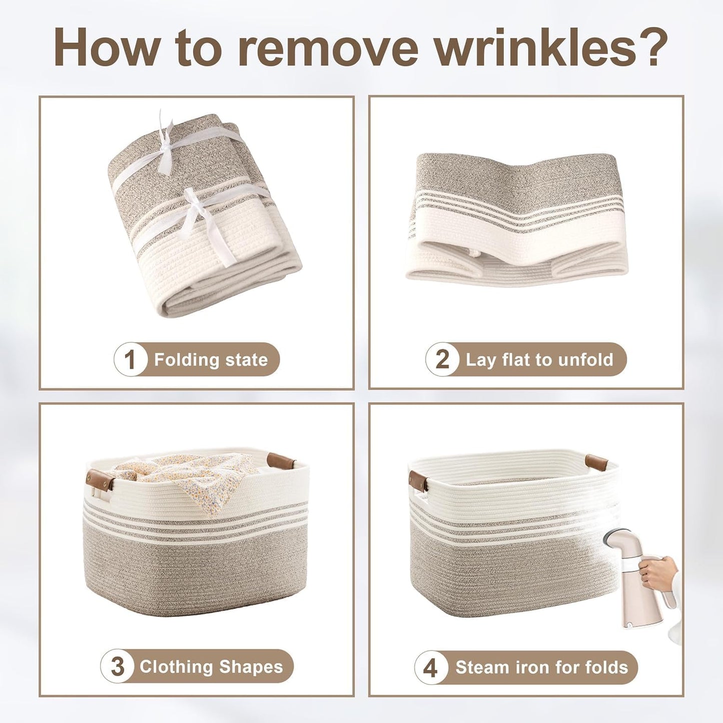 45L Small Laundry Basket with Leather Handles for Living Room Storage, Woven Rope Baskets Bin for Blanket, Kids Toy, Gifts, Wicker Hamper for Bedroom Dirty Clothes, 18"x14"x11" White Navy