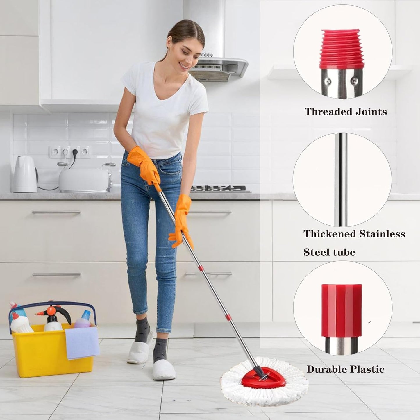 Spin Mop Replacement Head Mop Replace Head Compatible with O Cedar EasyWring Spin Mop - 4 O-Ceda Mop Refills、30-58in Mop Handle and 1 Mop Base Combo Set, 2white