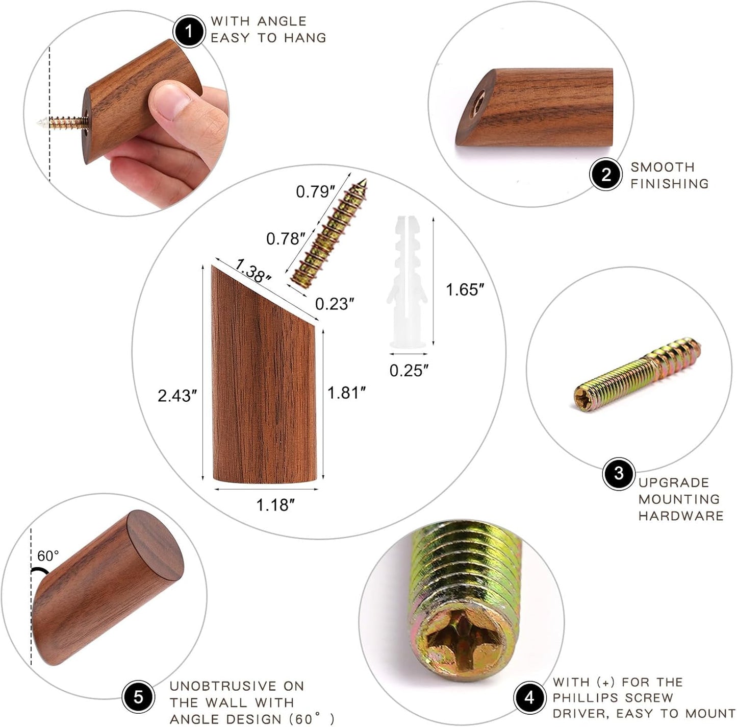 6 Pack Wood Hooks, Natural Coat Hooks Wall Mounted - Rustic Heavy Duty Wall Hooks for Hanging Towels - Entrance Hat Rack Coat Hanger (Walnut Wood)