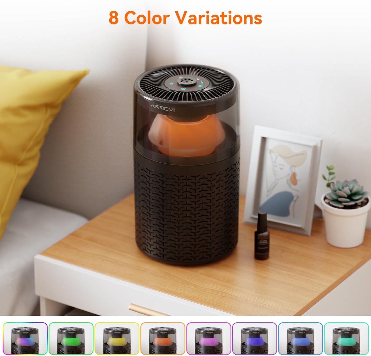 AIRROMI Air Purifiers for Bedroom Home,Up to 658 Ft²,Activated Carbon Filter Cleaner,With Fragrance Sponge for Better Sleep,Night Light,Pet Dander,Allergies,Smoke,Odor,Desktop Air Cleaner A2002 Black
