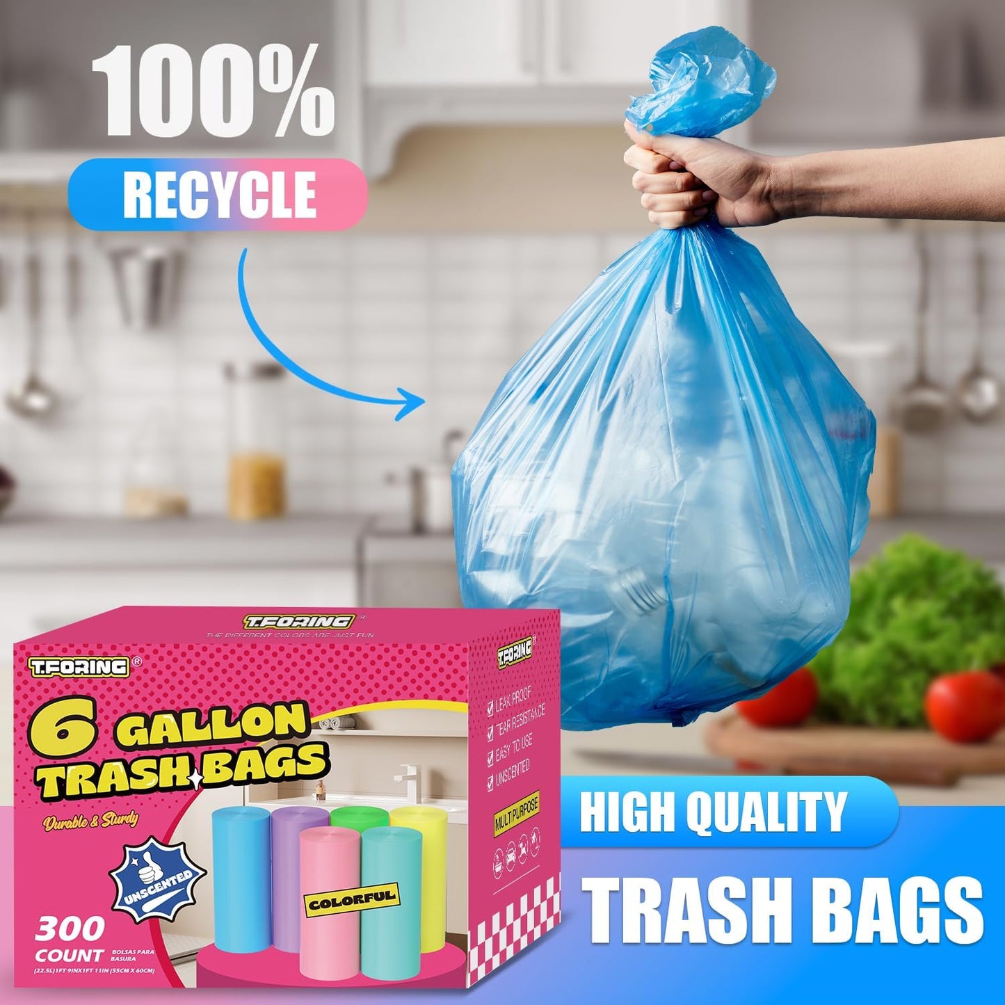 300 Count 6 Gallon Trash Bags - 22 Liter Colored Medium Garbage Bags Unscented 0.94 Mil Thick & Leakproof Wastebasket Liners for Kitchen Bathroom Home
