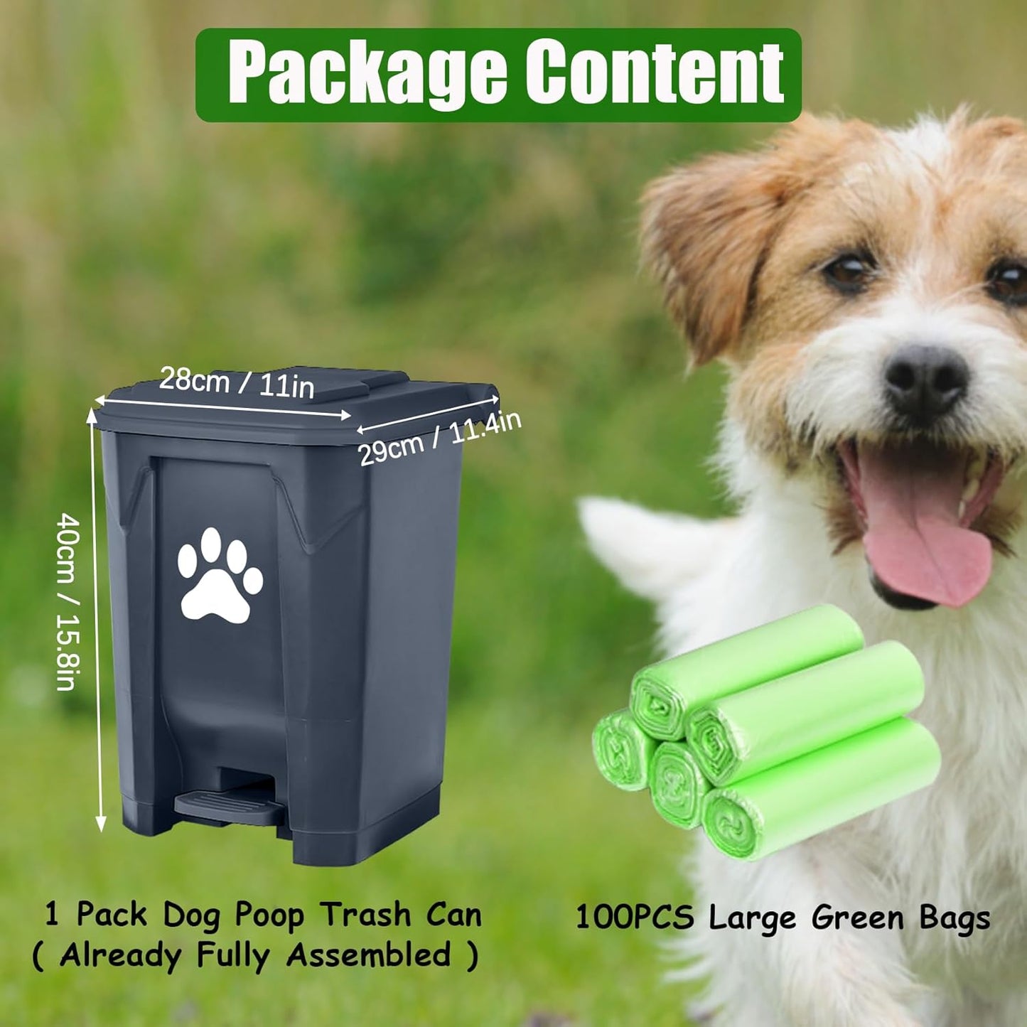 Dog Poop Trash Can for Outdoors, Dog Waste Trash Can for Yard Garden Home with Lid Removable Inner Bin, 100PCS Green Waste Bag, Grey Fully Assembled