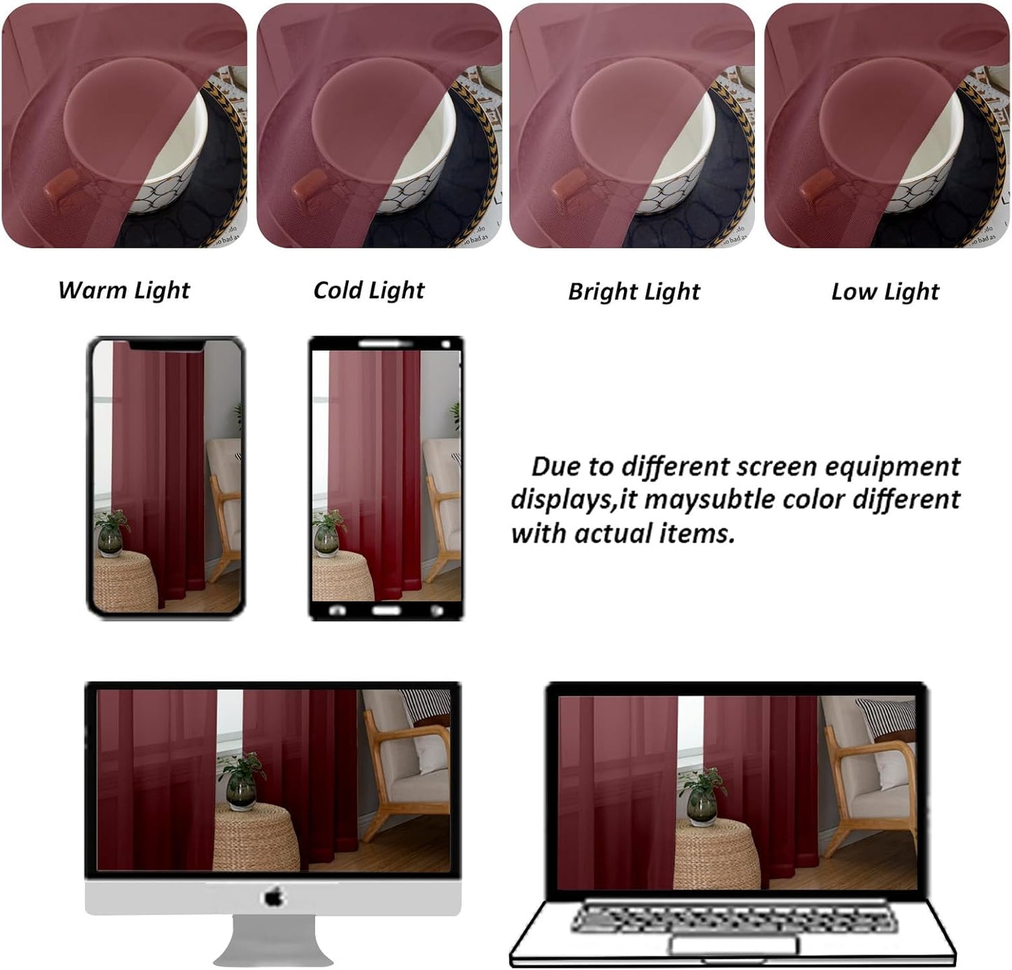 Chyhomenyc Sheer Curtains 36 Inch Length, Short Voile Sheer Window Curtians for Small Window Bathroom Cafe Living Room Farmhouse, 2PCS, 42W x 36L inches, Rod Pocket, Burgundy