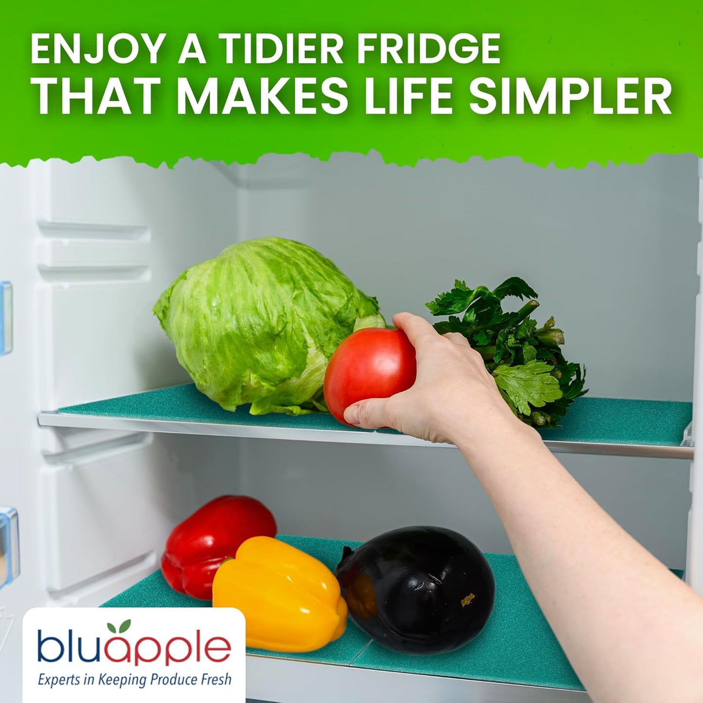 Bluapple FreshMats, Refrigerator Bin Liner, Fridge Drawer Mats, Crisper Life Extender Liner Keeps Produce Fresh Longer, Anti-Bruising, Helps Air Circulation, Washable & Reusable (4-Mats, 12x15, Teal)