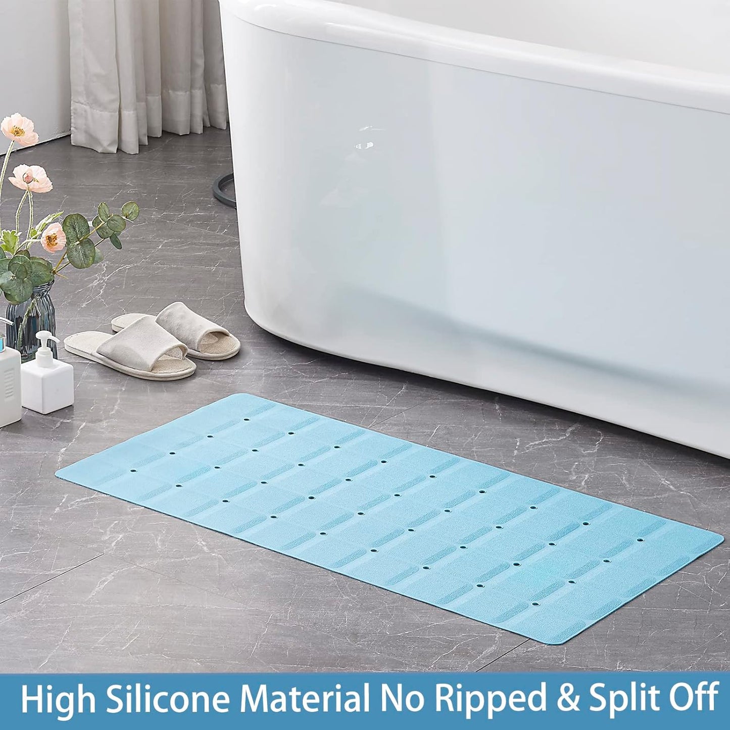 Foldable Silicone Bathtub Mat: Jumbo Size Heavy Duty Safety Bath Mat for Tub Without Suction Cups Non Slip Bath & Shower Mat for Textured, Reglazed, Refinished Tub (Blue, 35.8 x 17.7)