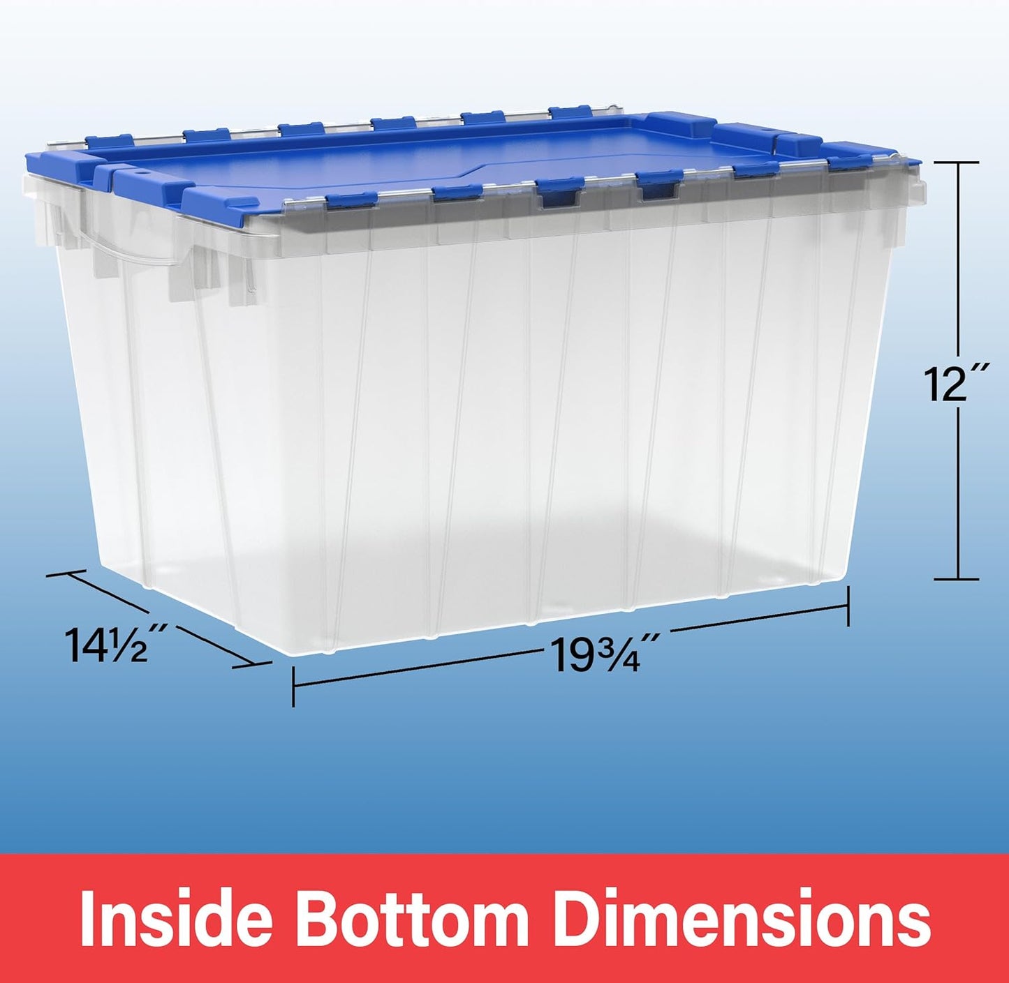 Akro-Mils KeepBox 12 Gallon Storage Container, Nesting and Stackable Plastic Storage Box with Lid Attached, Clear Tote for Garages, Closets, Moving, 21-1/2" x 15" x 12-1/2", Clear/Blue, Pallet of 48