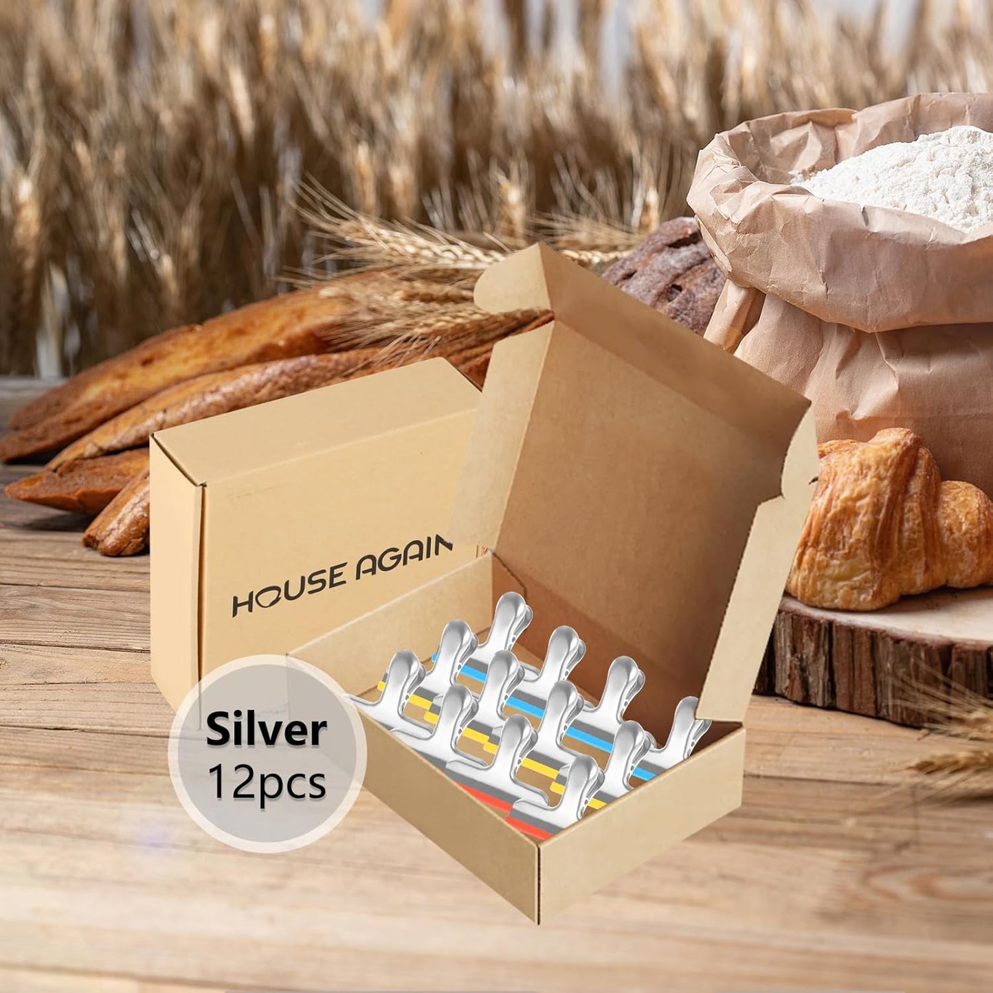 HOUSE AGAIN 12 Small Pack Stainless Steel Chip Bag Clips Covered with Silicone - NO More Sharp Edges - Color Coded for Food Bags - Air Tight Seal, Heavy Duty for Kitchen and Office, 2.5 Inches