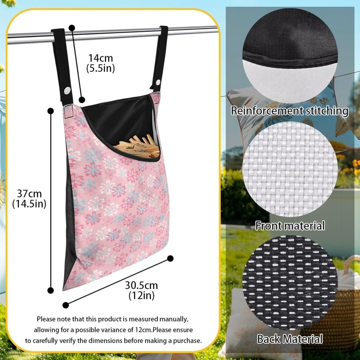 Clothes Pin Hanging Bag, Clothes Pins Bag Holder Outdoor 4.Stylish Clothespin Bag with Hanging Rope for Clothes Pin and Clothespin - Flower Pink