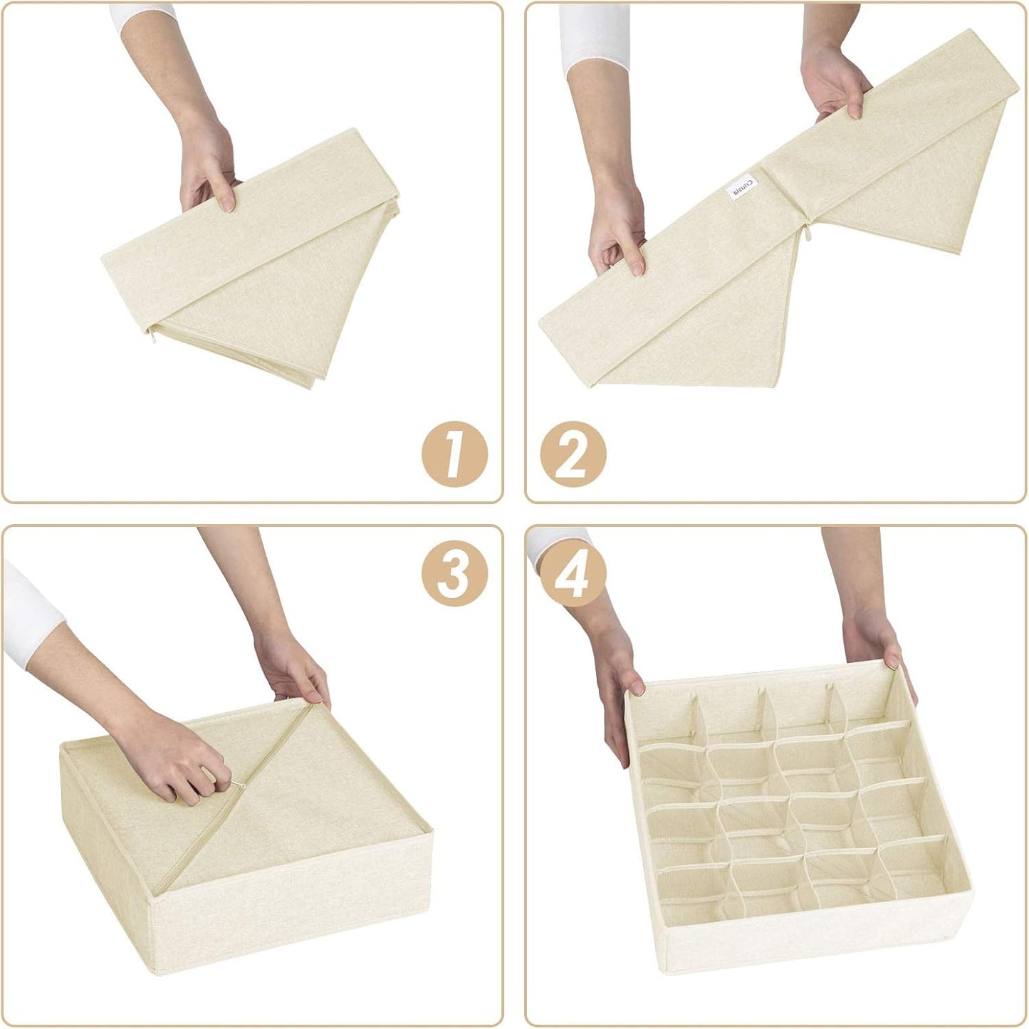 Criusia 3 Pack Sock Underwear Drawer Organizer Dividers, 64 Cell Fabric Foldable Cabinet Dresser Closet Organizers and Storage Boxes for Organizing Socks, Underwear, Ties (16+24+24 Cell, Beige)