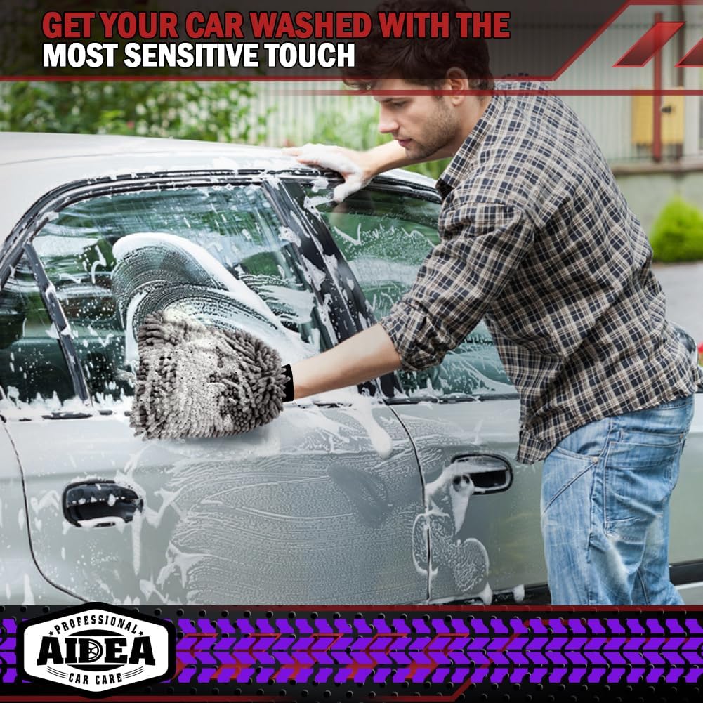 AIDEA Car Wash Mitt Microfiber-2Pack, Scratch-Free& Lint-Free, Premium Chenille Microfiber Wash Mitt-Grey Extra Large Size (8''X12'')